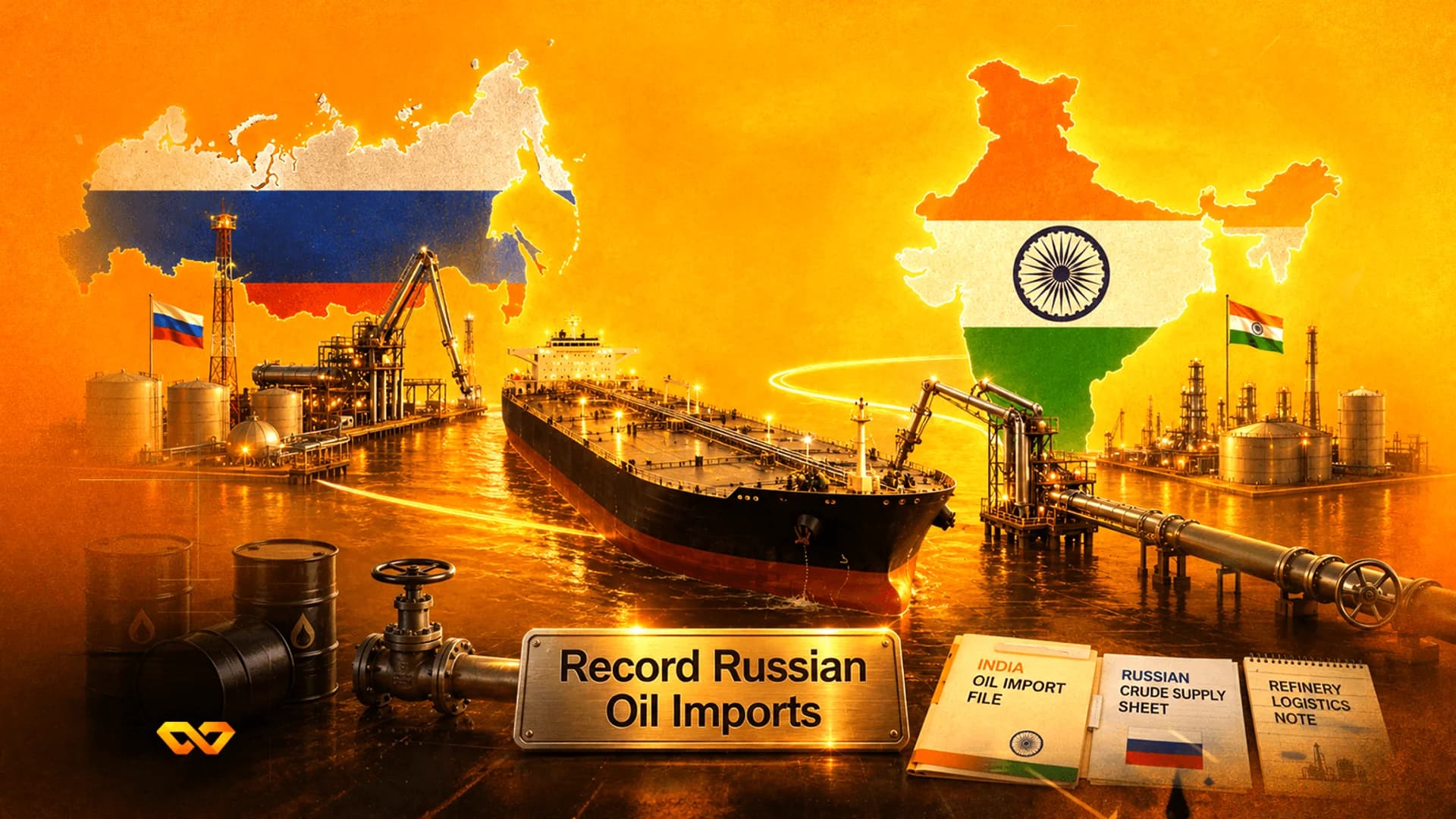 Illustration of an oil tanker between maps of Russia and India with oil barrels and refinery infrastructure.