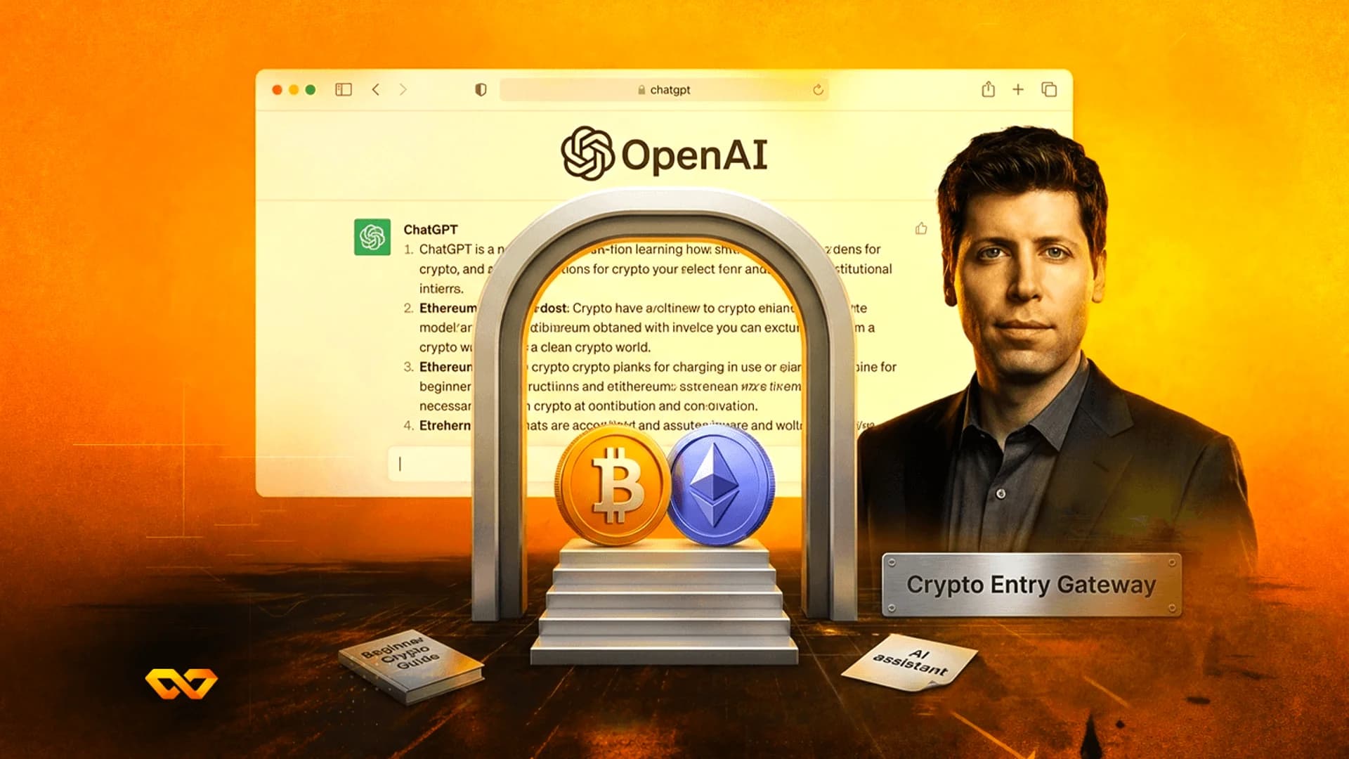Sam Altman next to an archway containing Bitcoin and Ethereum coins, with a ChatGPT interface in the background.