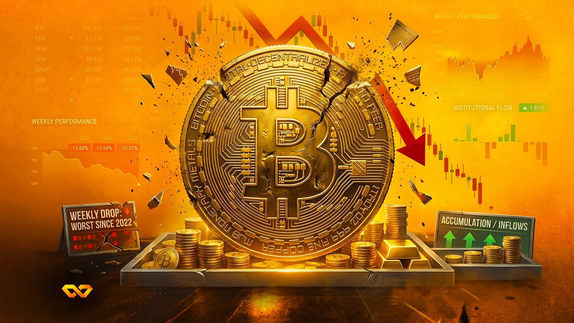 A cracked gold Bitcoin coin surrounded by falling red arrows and financial charts on an orange background.