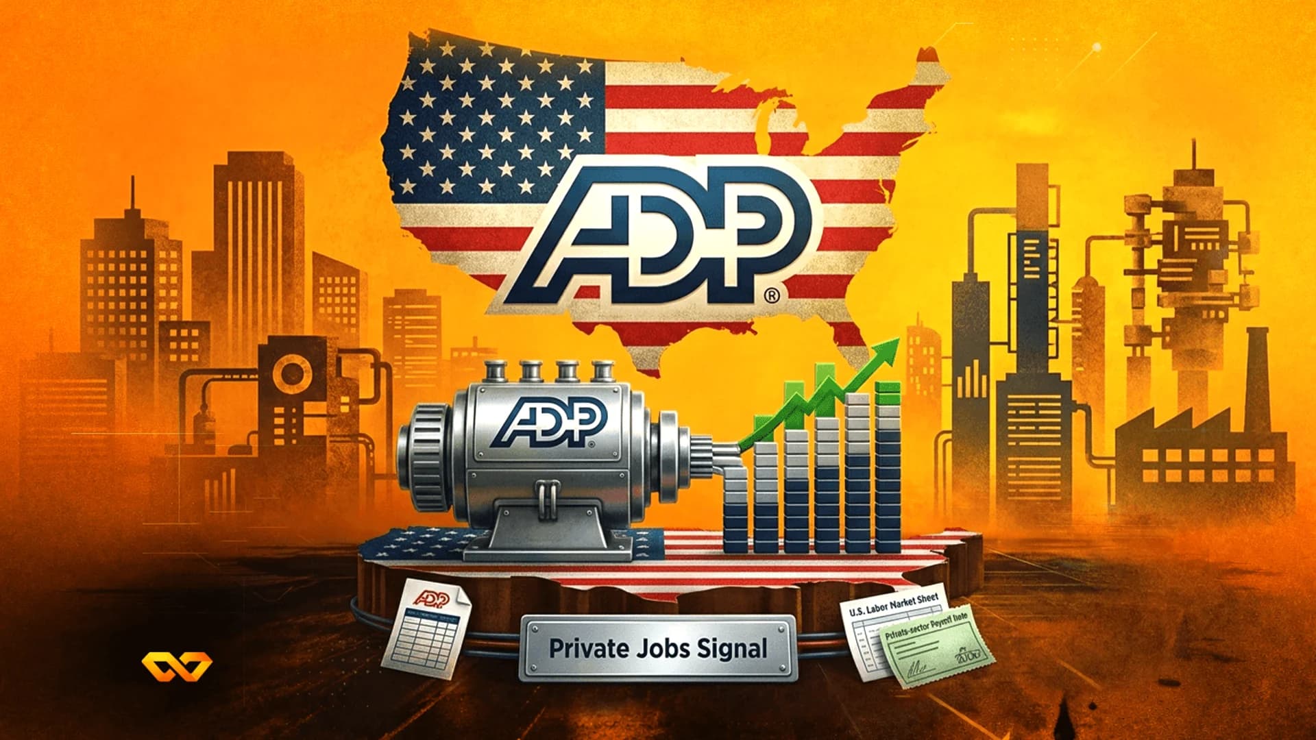 ADP logo on a US flag map above a machine producing a rising bar chart, set against an industrial cityscape.
