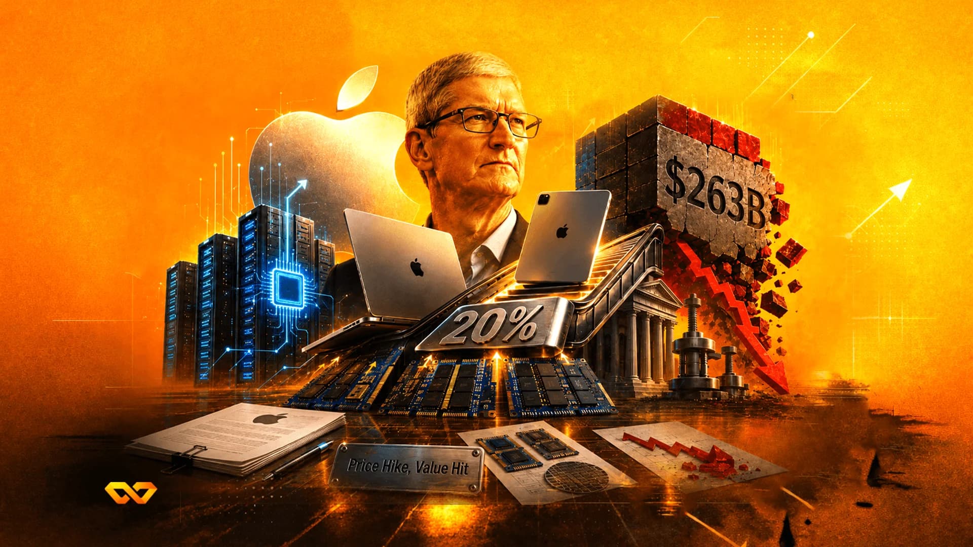 تيم كوك مع شعار آبل وأجهزة لابتوب وكتلة محطمة بقيمة 263 مليار دولار وسهم أحمر هابط على خلفية برتقالية.