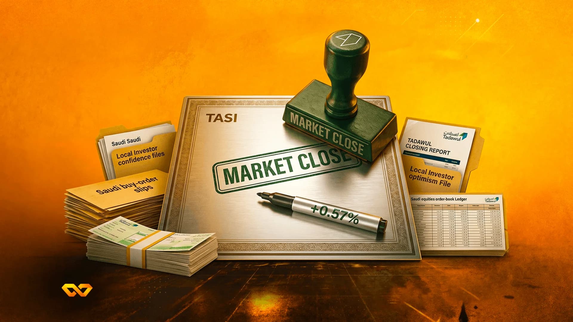 A 'Market Close' stamp sits on a TASI plaque next to folders, banknotes, and a marker showing +0.57%.