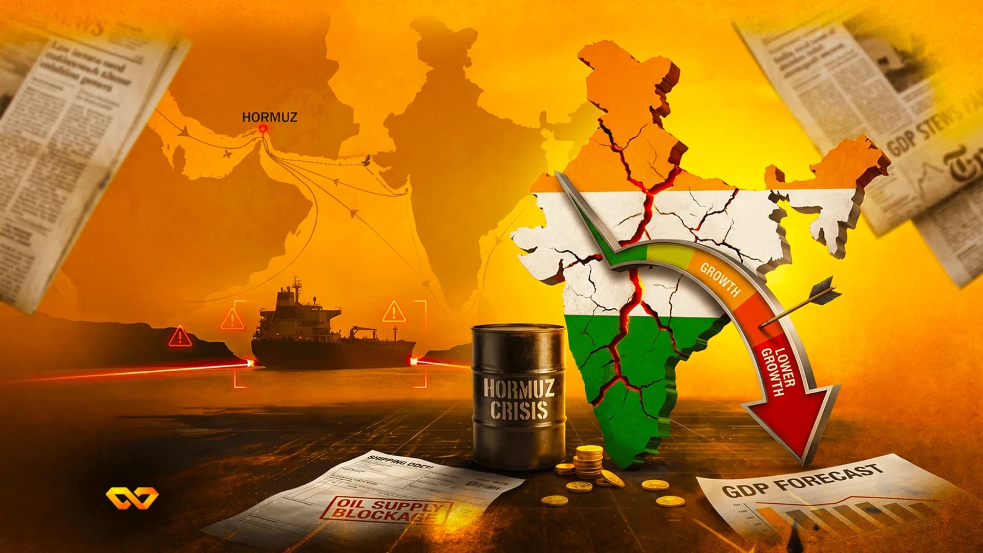 Illustration of a cracked map of India, an oil barrel labeled Hormuz Crisis, and a downward economic growth arrow.