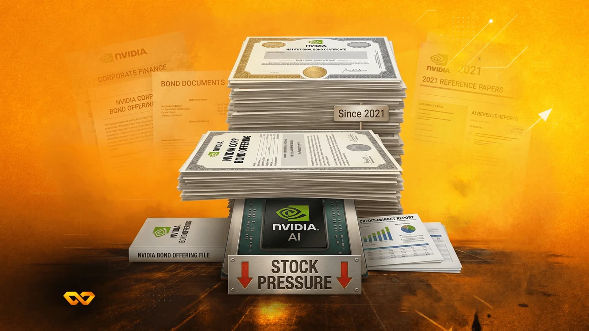 Stacks of Nvidia bond documents and an AI chip resting on a 'Stock Pressure' sign with red downward arrows.