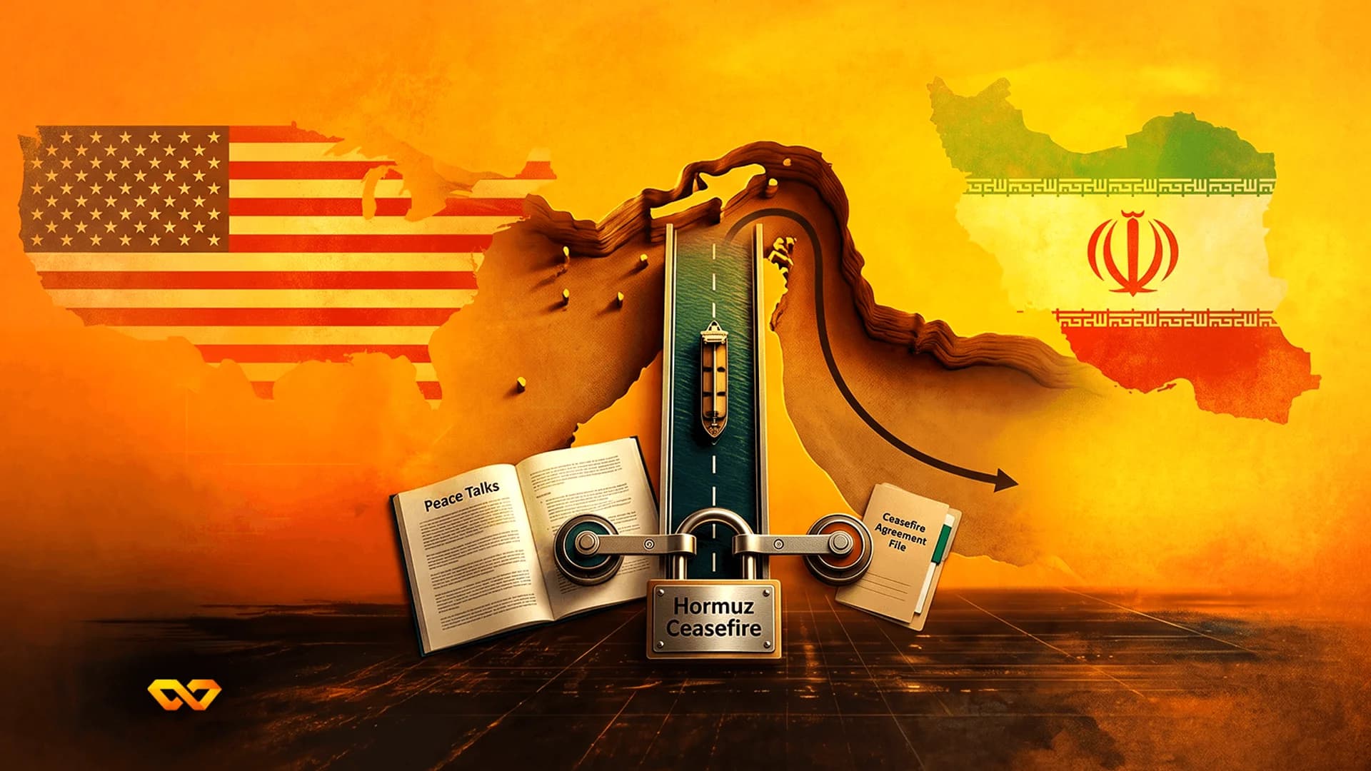 رسم توضيحي لعلمي الولايات المتحدة وإيران فوق خريطة مضيق هرمز مع ناقلة نفط ووثائق وقف إطلاق النار.