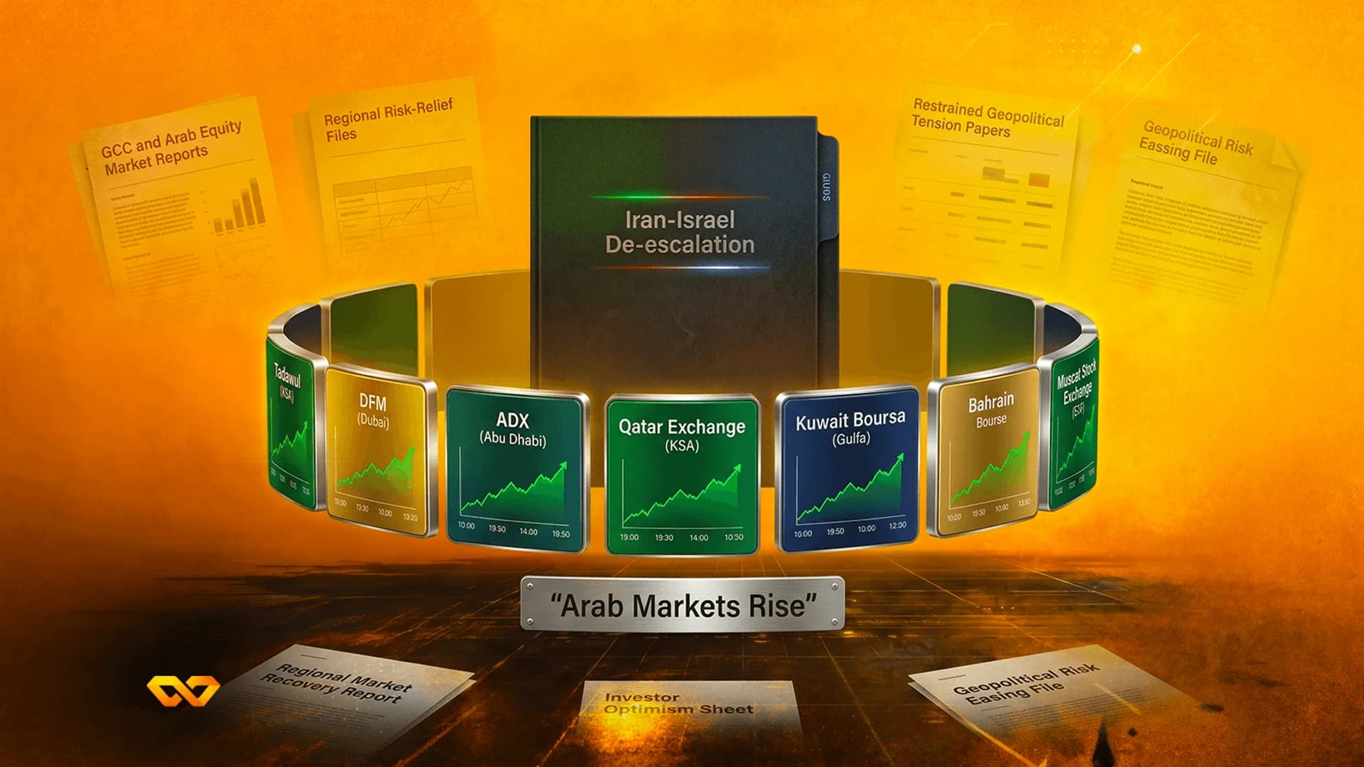 Digital illustration of a central folder labeled 'Iran-Israel De-escalation' surrounded by rising stock market charts.