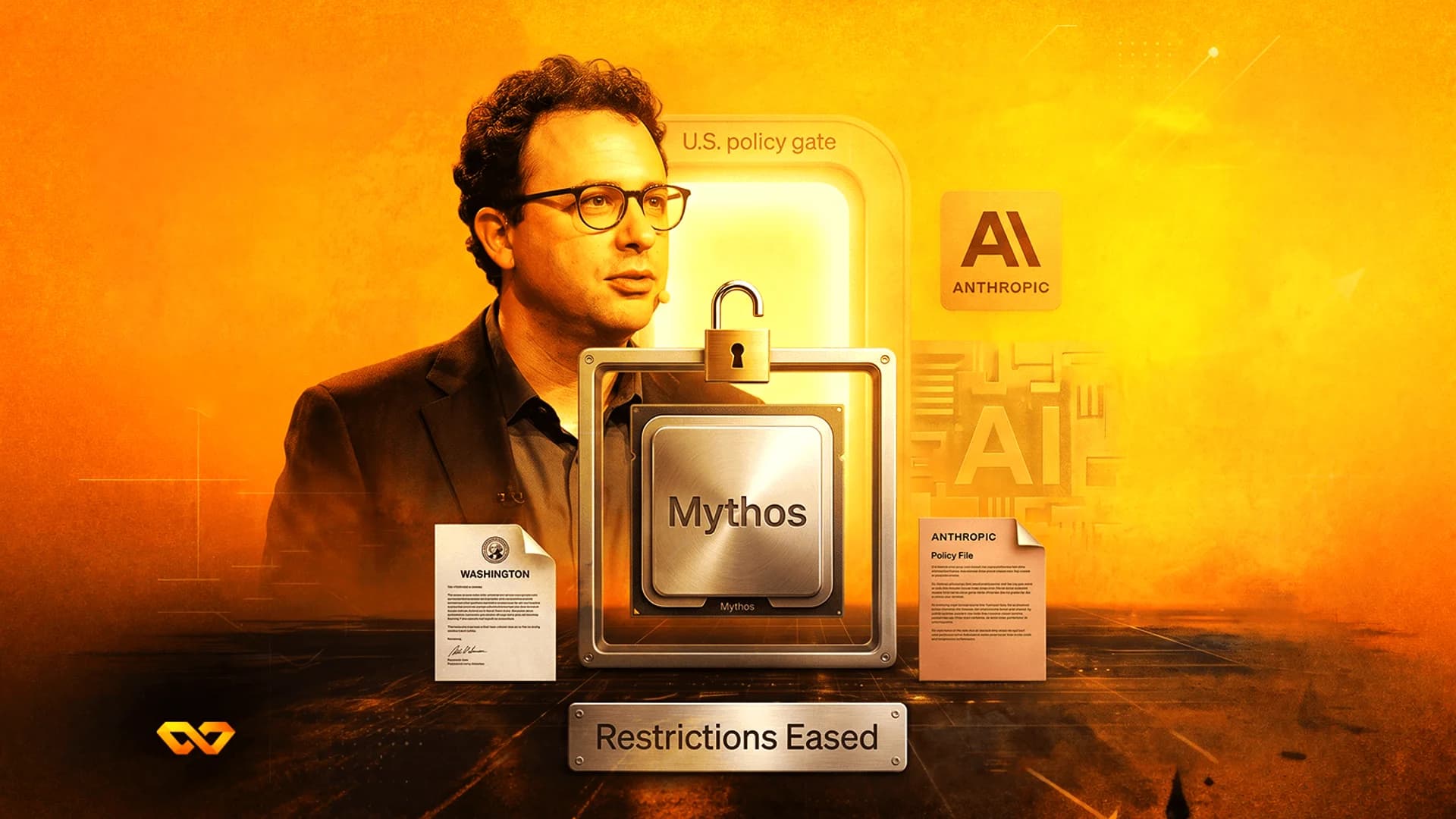 Digital illustration of a man with glasses next to an Anthropic logo, a computer chip, and documents in orange tones.