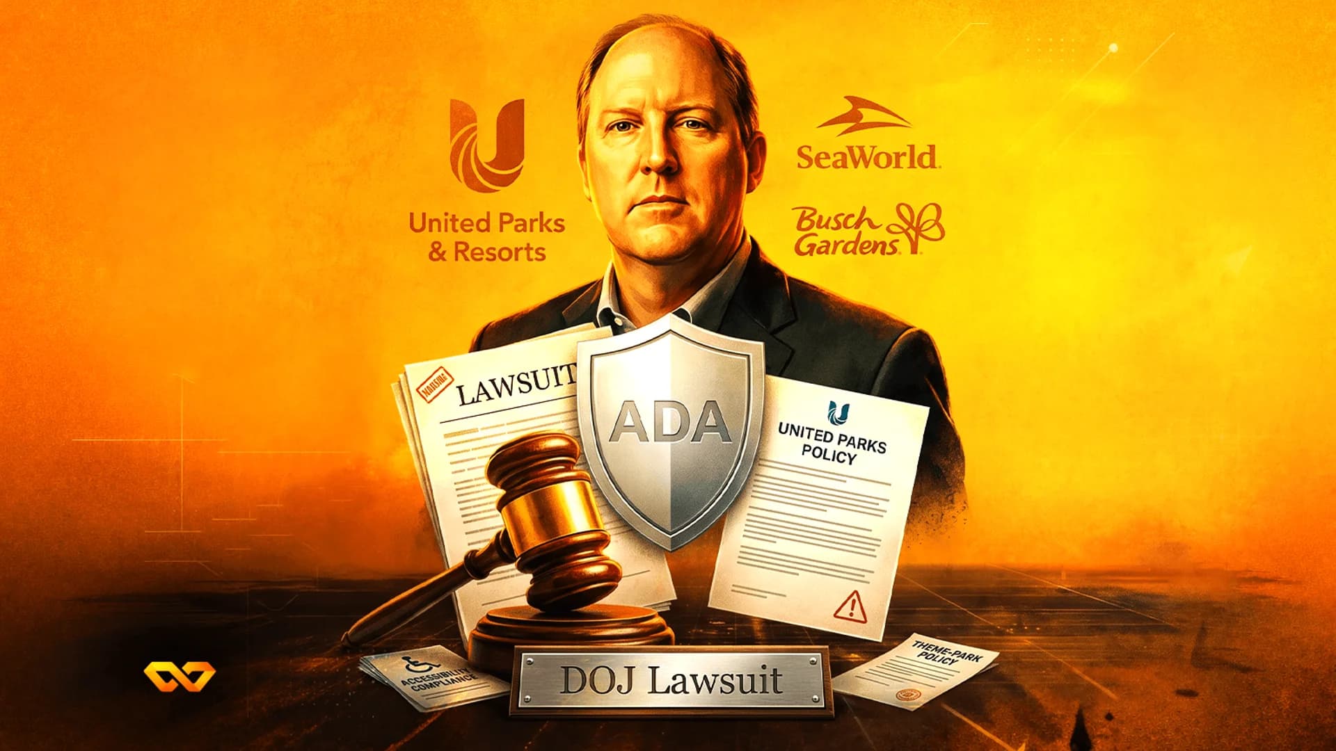 Illustration of a man behind an ADA shield, a gavel, and documents with SeaWorld and Busch Gardens logos.