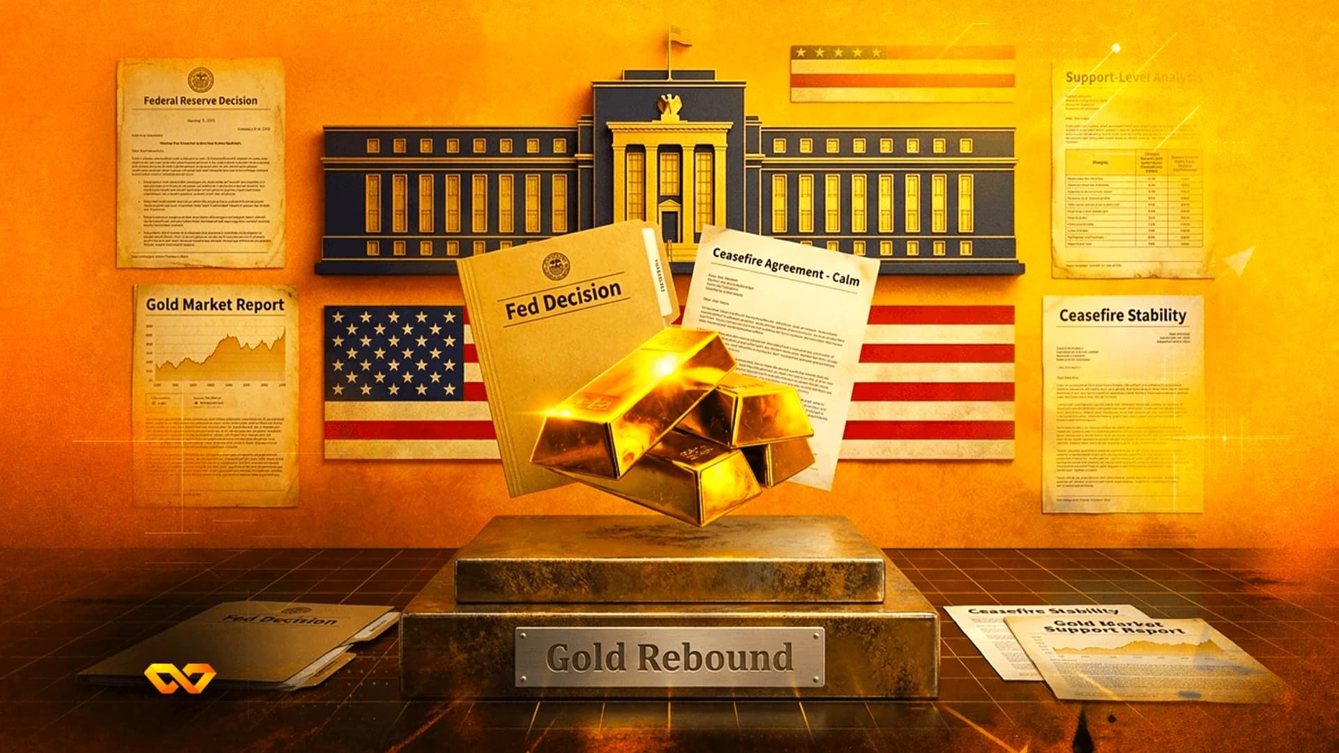 سبائك ذهبية تطفو فوق منصة 'Gold Rebound'، محاطة بأعلام الولايات المتحدة ووثائق مالية.
