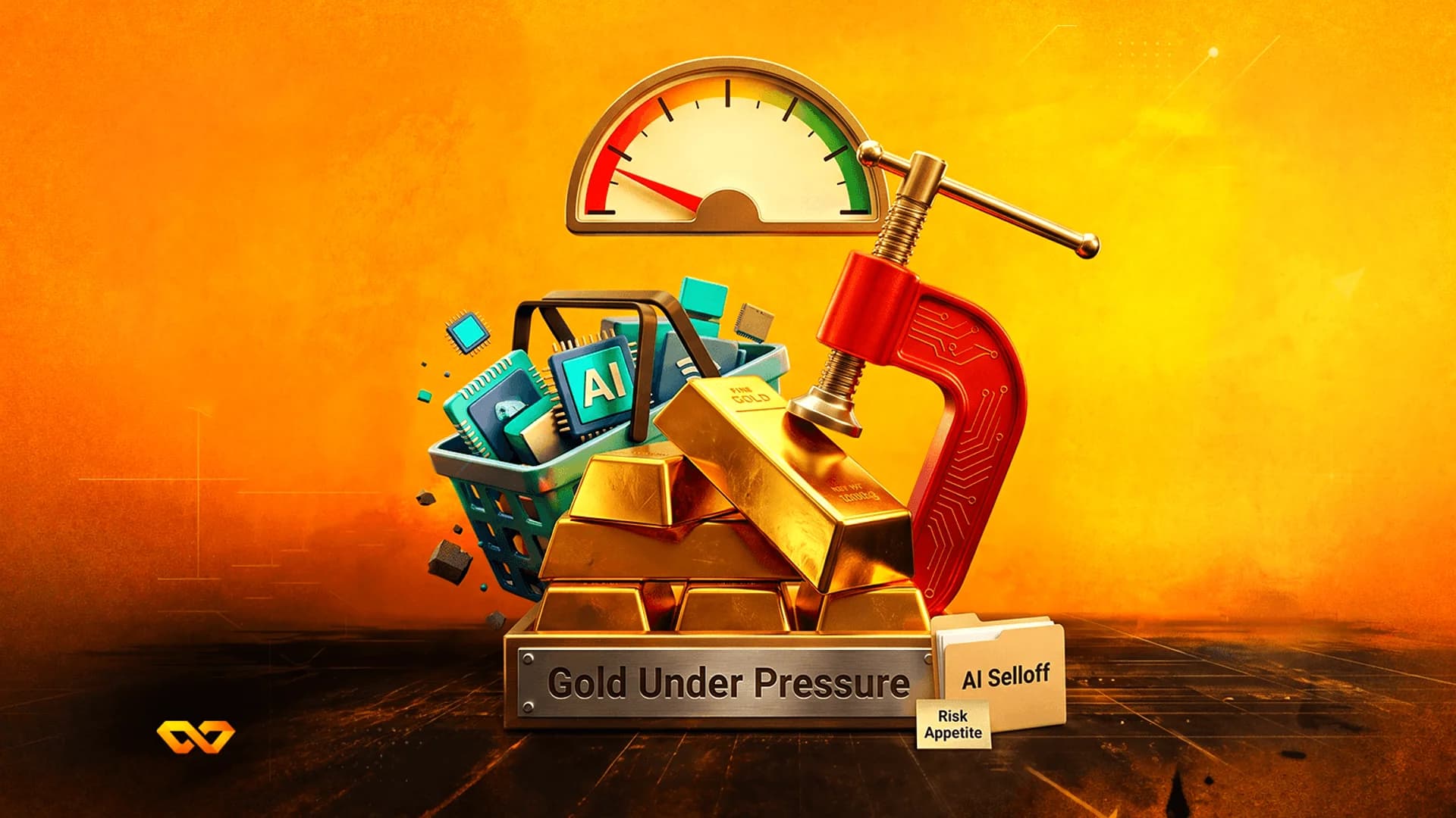 A red clamp pressing down on gold bars next to a basket of AI chips and a pressure gauge on an orange background.