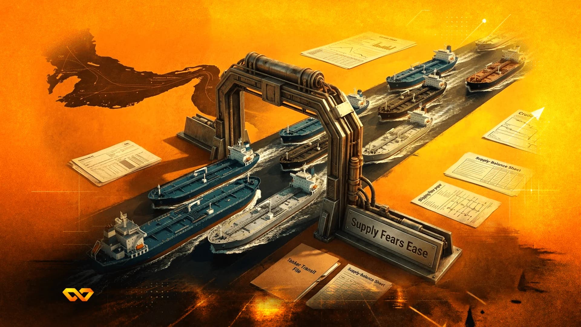 Oil tankers navigate a waterway through a large industrial gate, surrounded by financial documents on an orange backdrop.