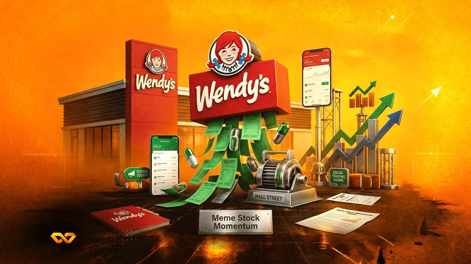 Digital illustration of a Wendy's restaurant with stock charts, trading apps, and a Meme Stock Momentum plaque.