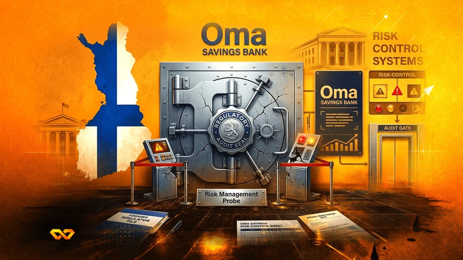 Illustration of a bank vault with Oma Savings Bank logo, Finnish flag map, and regulatory audit documents.