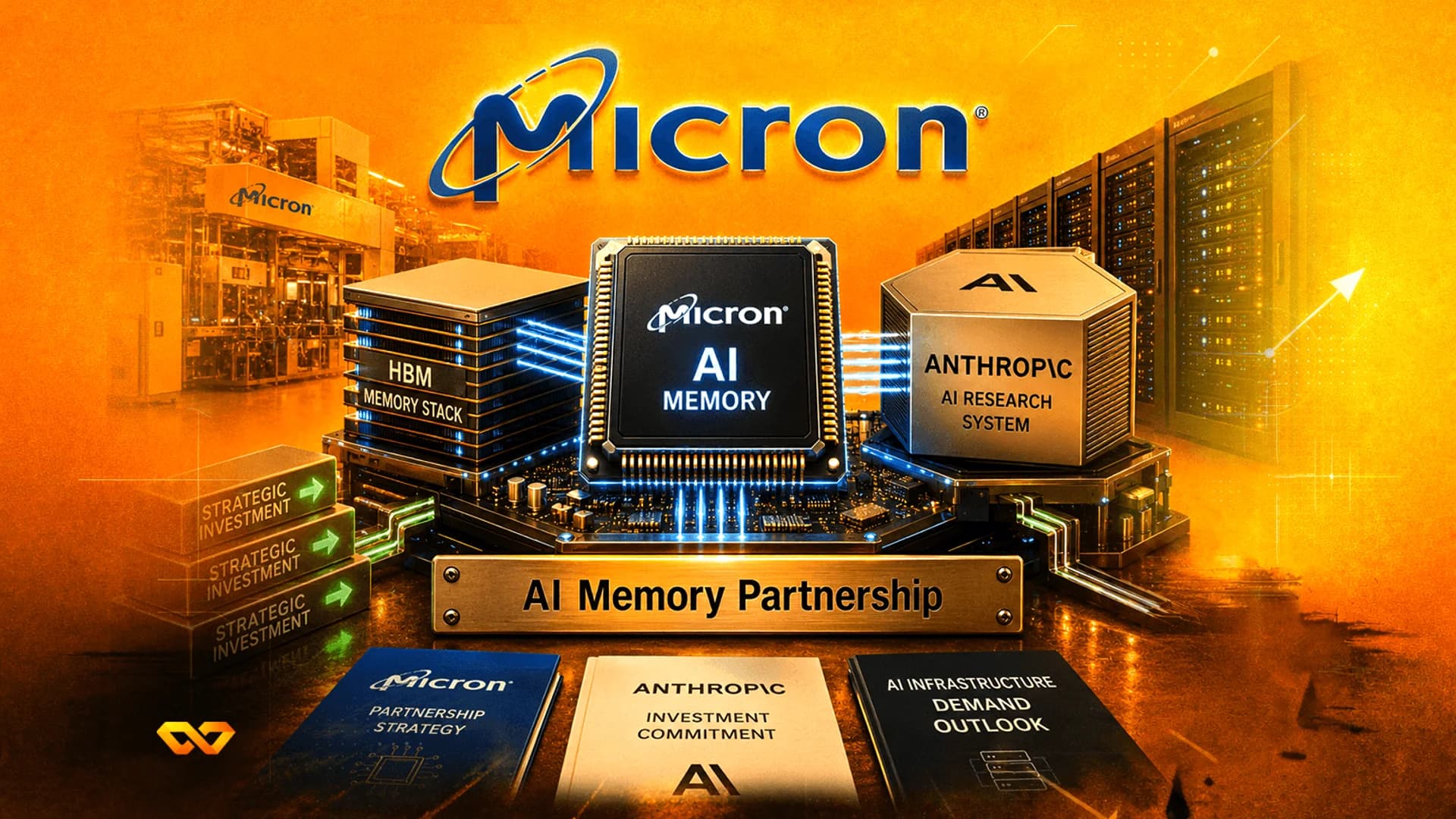 Digital illustration of a Micron AI memory chip, server racks, and partnership documents on an orange background.