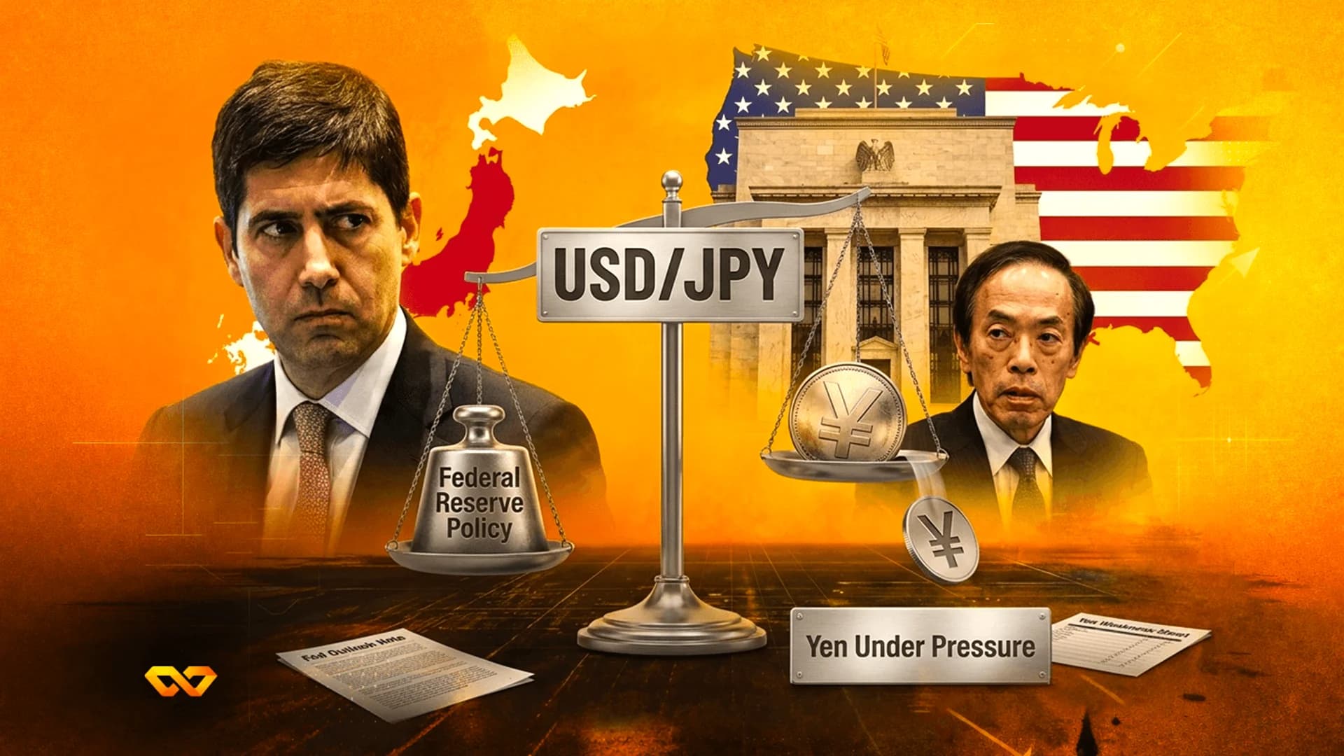 Portraits of two men flanking a balance scale labeled USD/JPY with a Federal Reserve weight and yen coins.