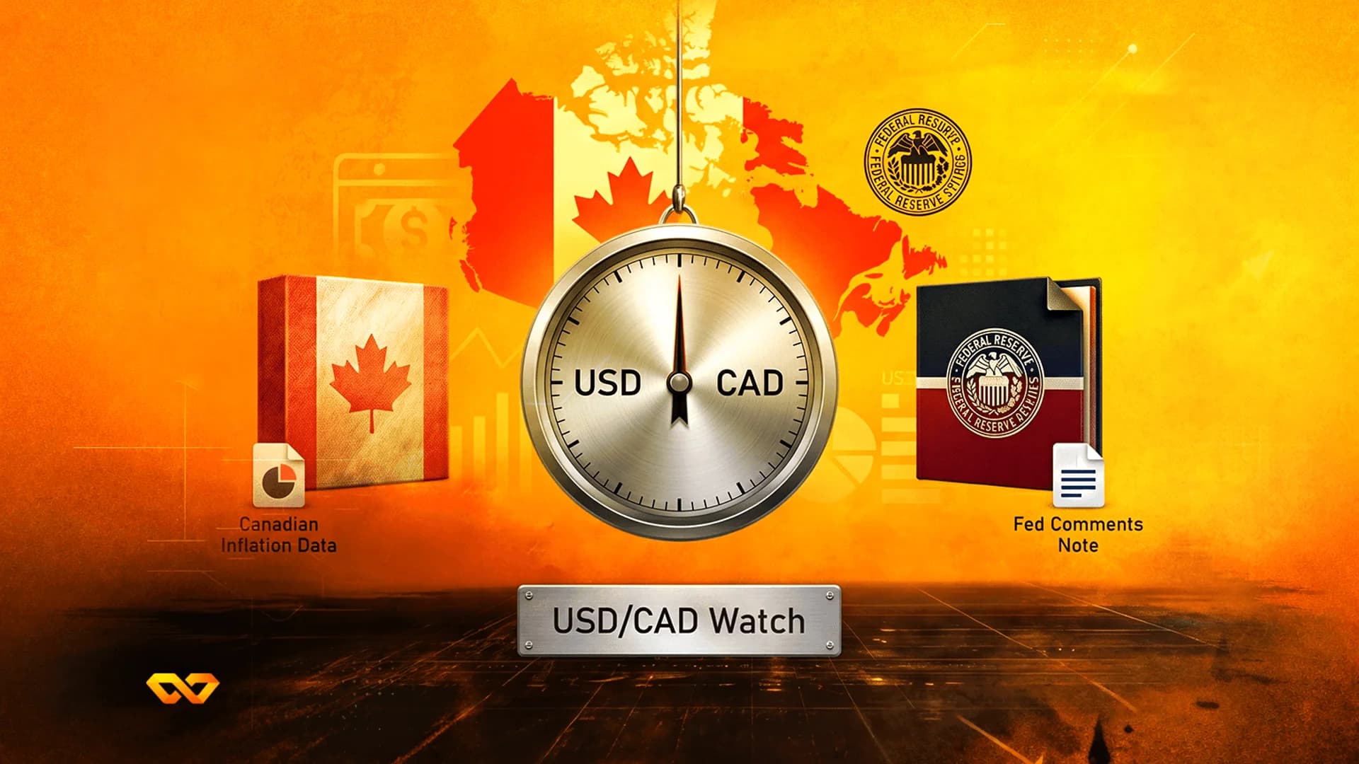 مقياس معدني لزوج USD/CAD بين صندوق بعلم كندا وآخر بختم الاحتياطي الفيدرالي على خلفية برتقالية.
