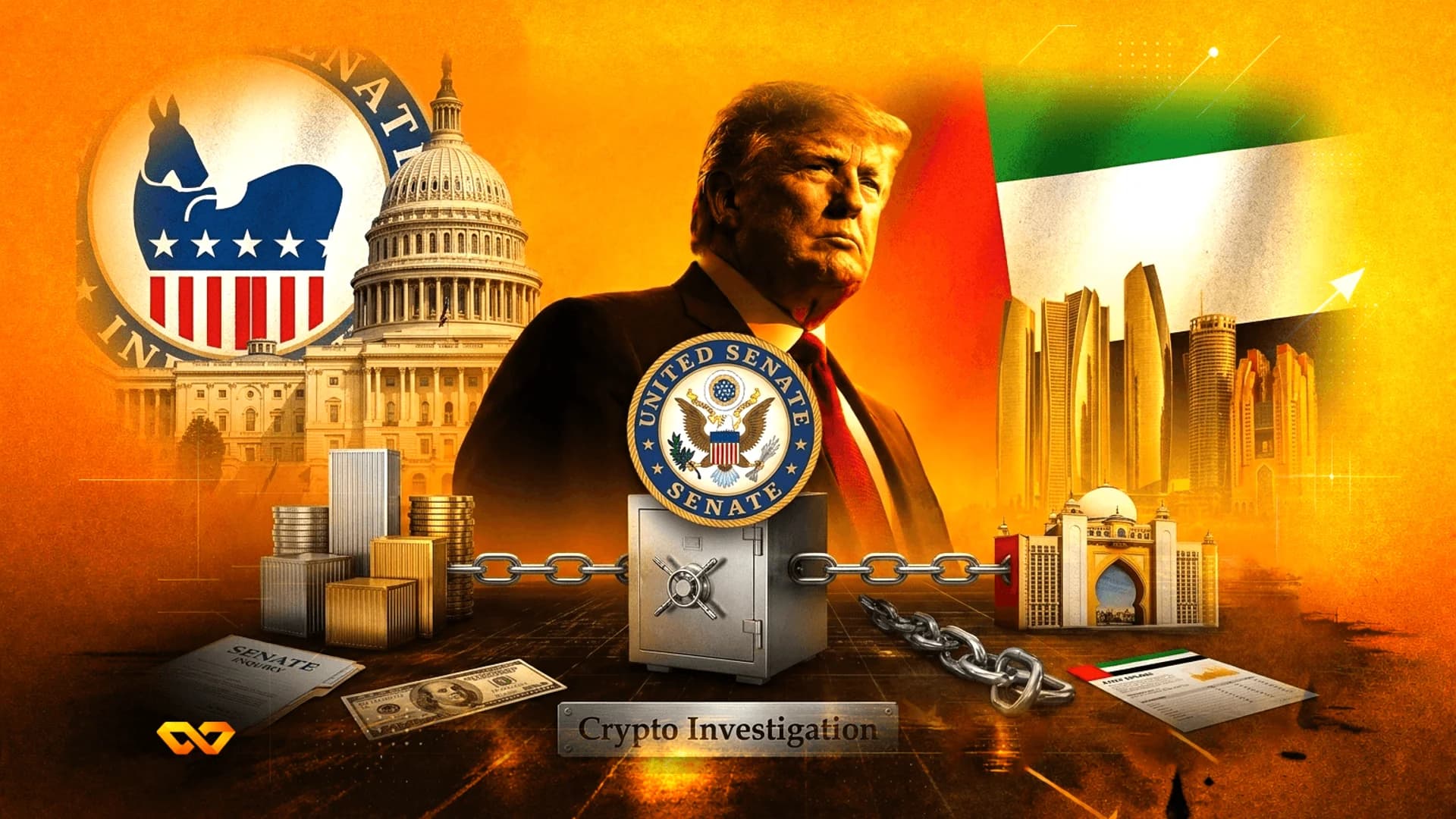 كولاج يضم دونالد ترامب، ختم مجلس الشيوخ الأمريكي، علم الإمارات، مبنى الكابيتول، وخزنة مكتوب عليها 'تحقيق في الكريبتو'.
