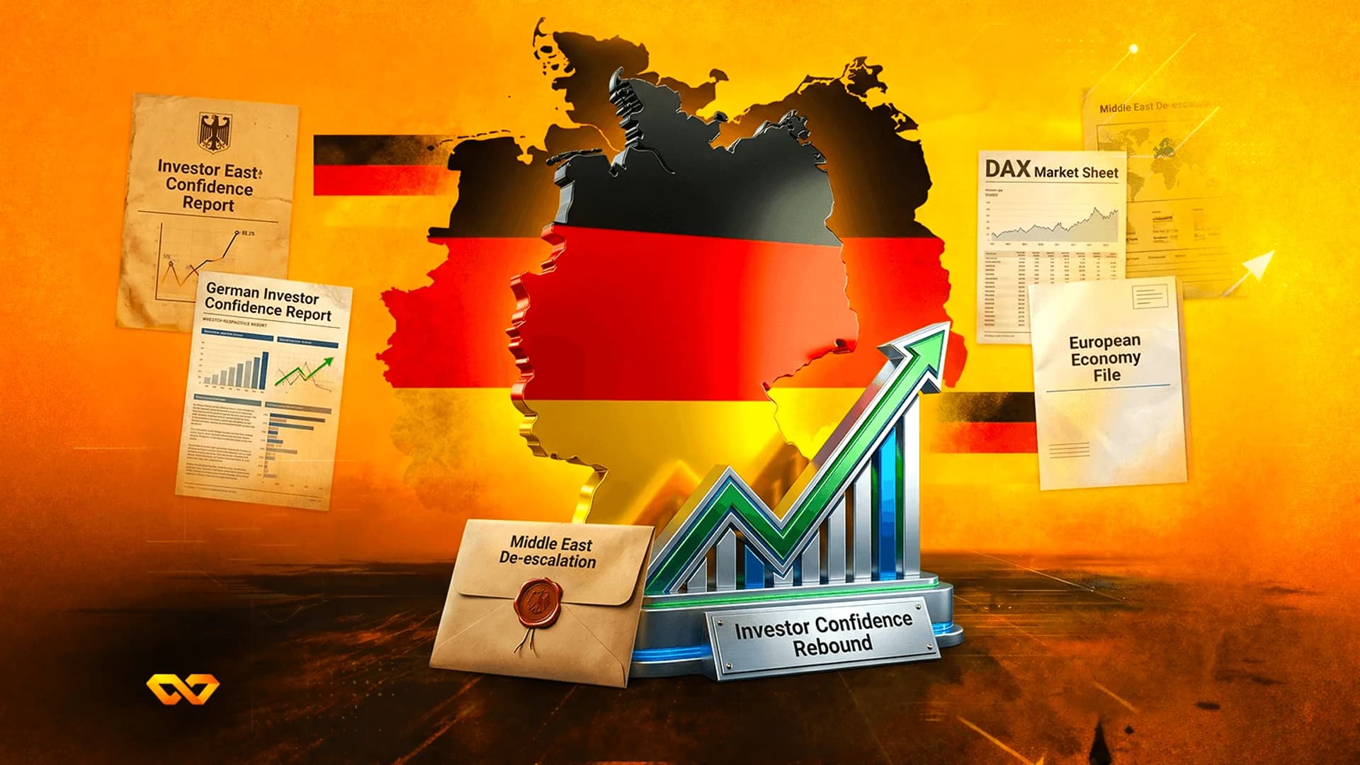 3D map of Germany with national flag colors, an upward-trending bar chart, and financial reports on an orange background.
