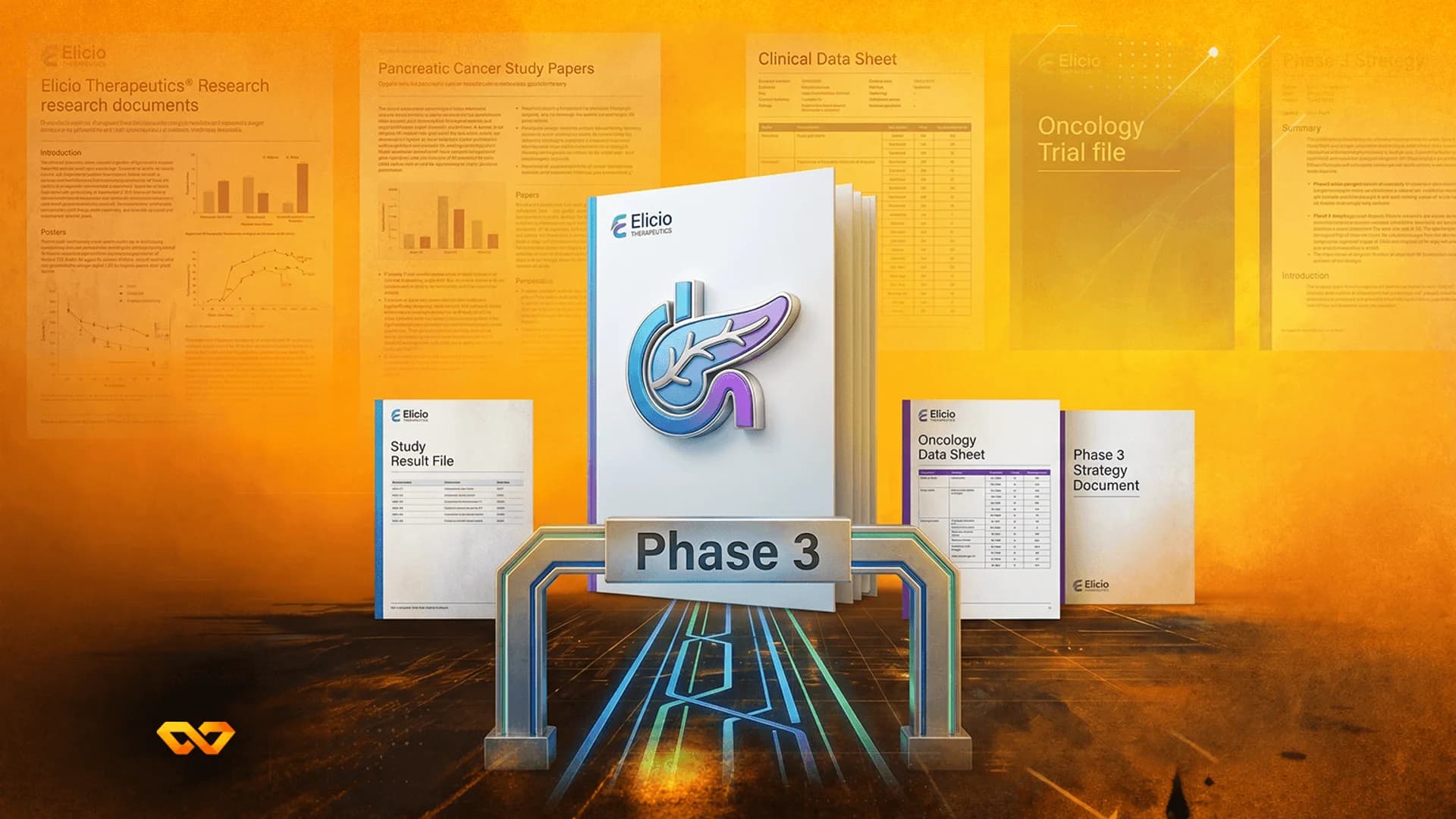 A collection of clinical trial documents and a large binder labeled Phase 3 with the Elicio Therapeutics logo.