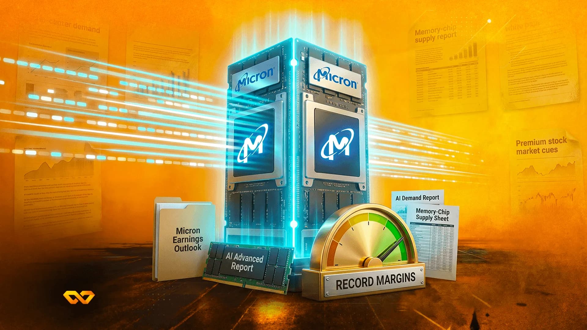 Digital illustration of a glowing Micron memory module surrounded by financial reports and a record margins gauge.