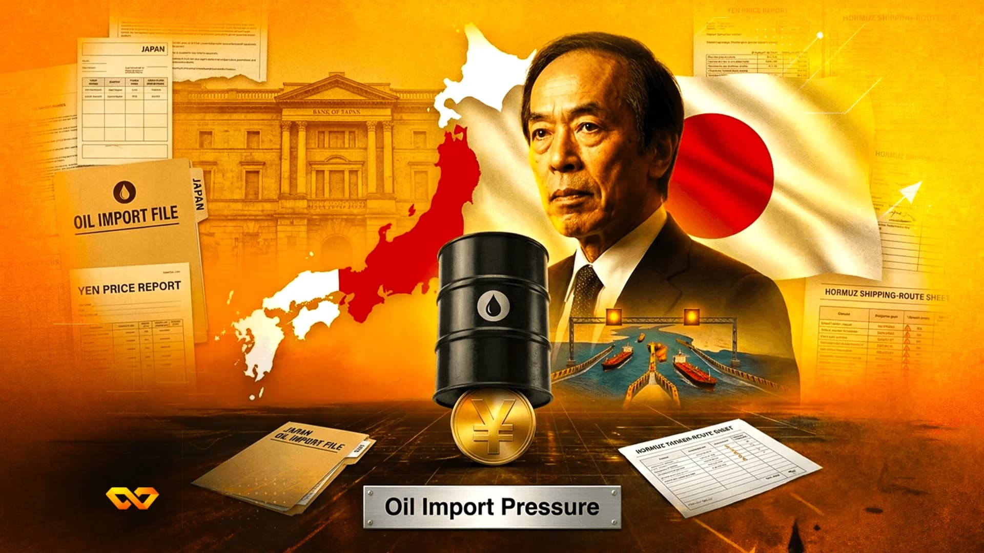 Collage featuring Kazuo Ueda, the Bank of Japan, a Japanese flag, an oil barrel, and a Yen coin on an orange background.