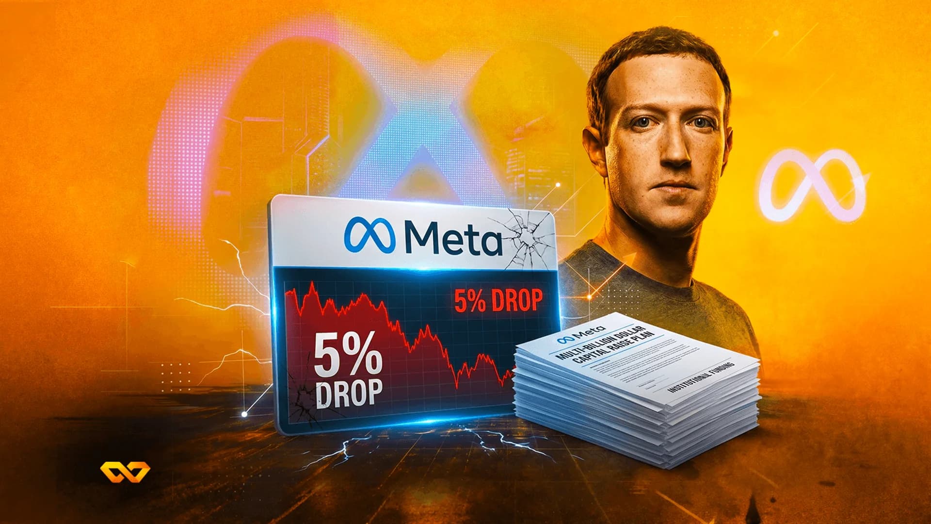 Mark Zuckerberg and Aart de Geus with Meta and Synopsys logos, AI chips, silicon wafers, and data center equipment.