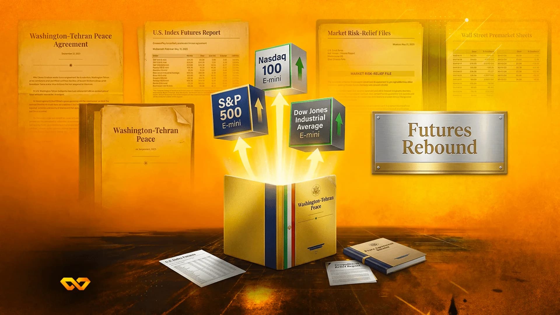 Stock index cubes rising from a glowing box labeled 'Washington-Tehran Peace' surrounded by financial reports.