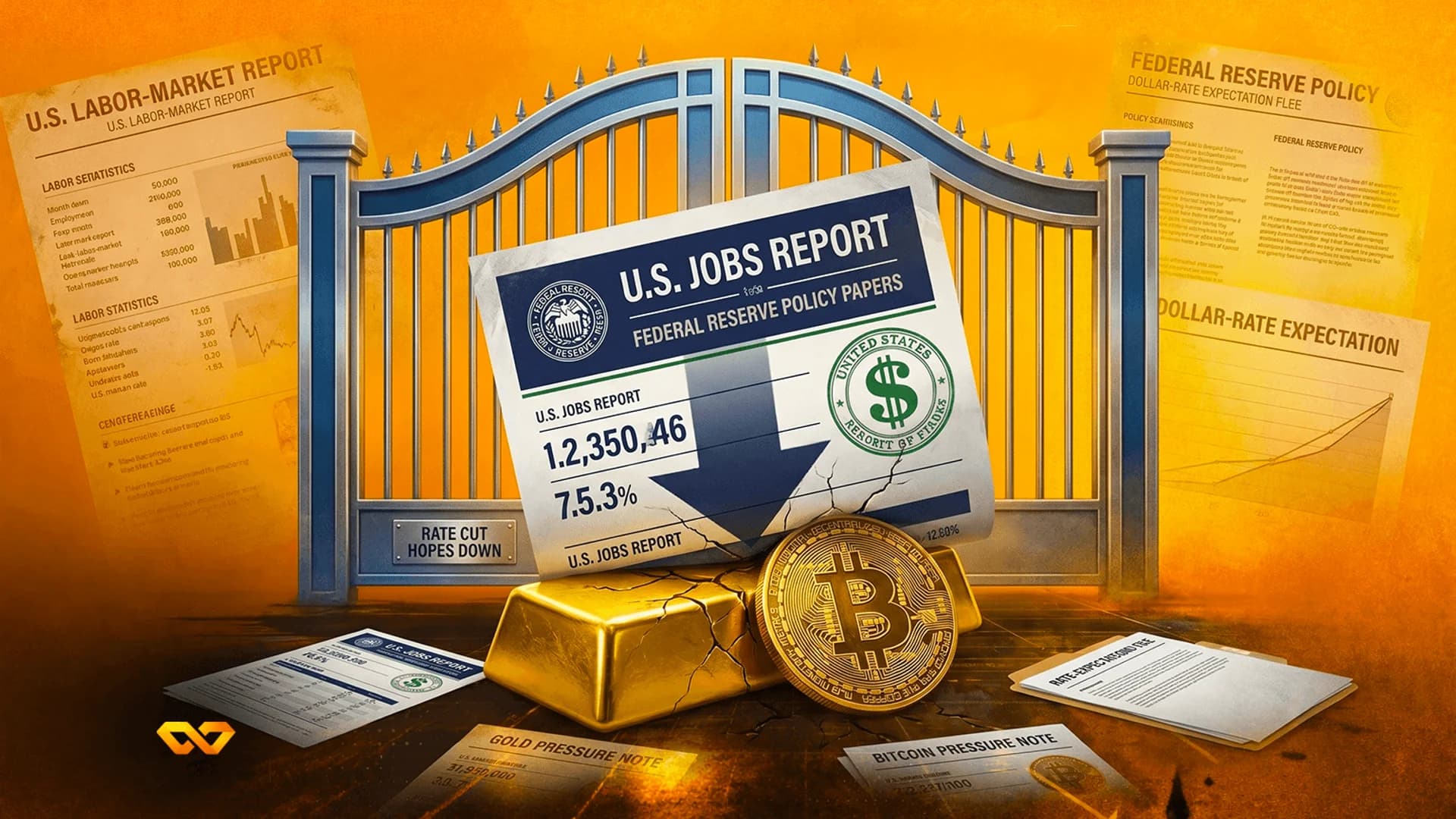 رسم توضيحي لتقرير الوظائف الأمريكي، وسبائك ذهب، وعملة بيتكوين أمام بوابة معدنية كبيرة.