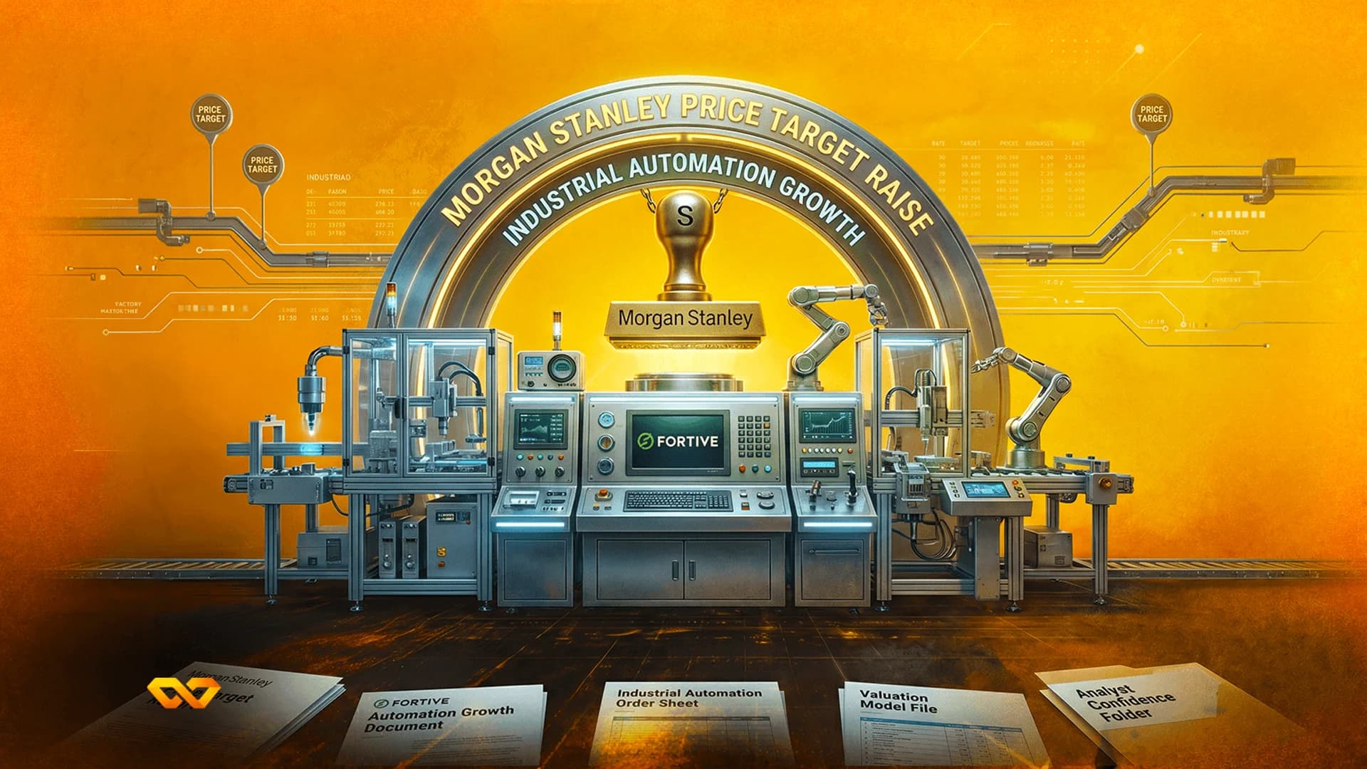 Industrial automation machinery with robotic arms and control panels under a Morgan Stanley price target arch.