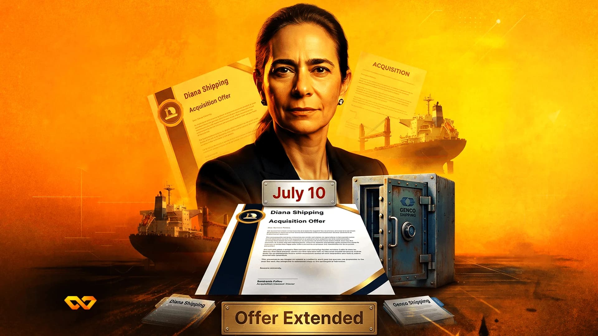 Portrait of a woman surrounded by Diana Shipping acquisition offer documents, a Genco Shipping safe, and cargo ships.