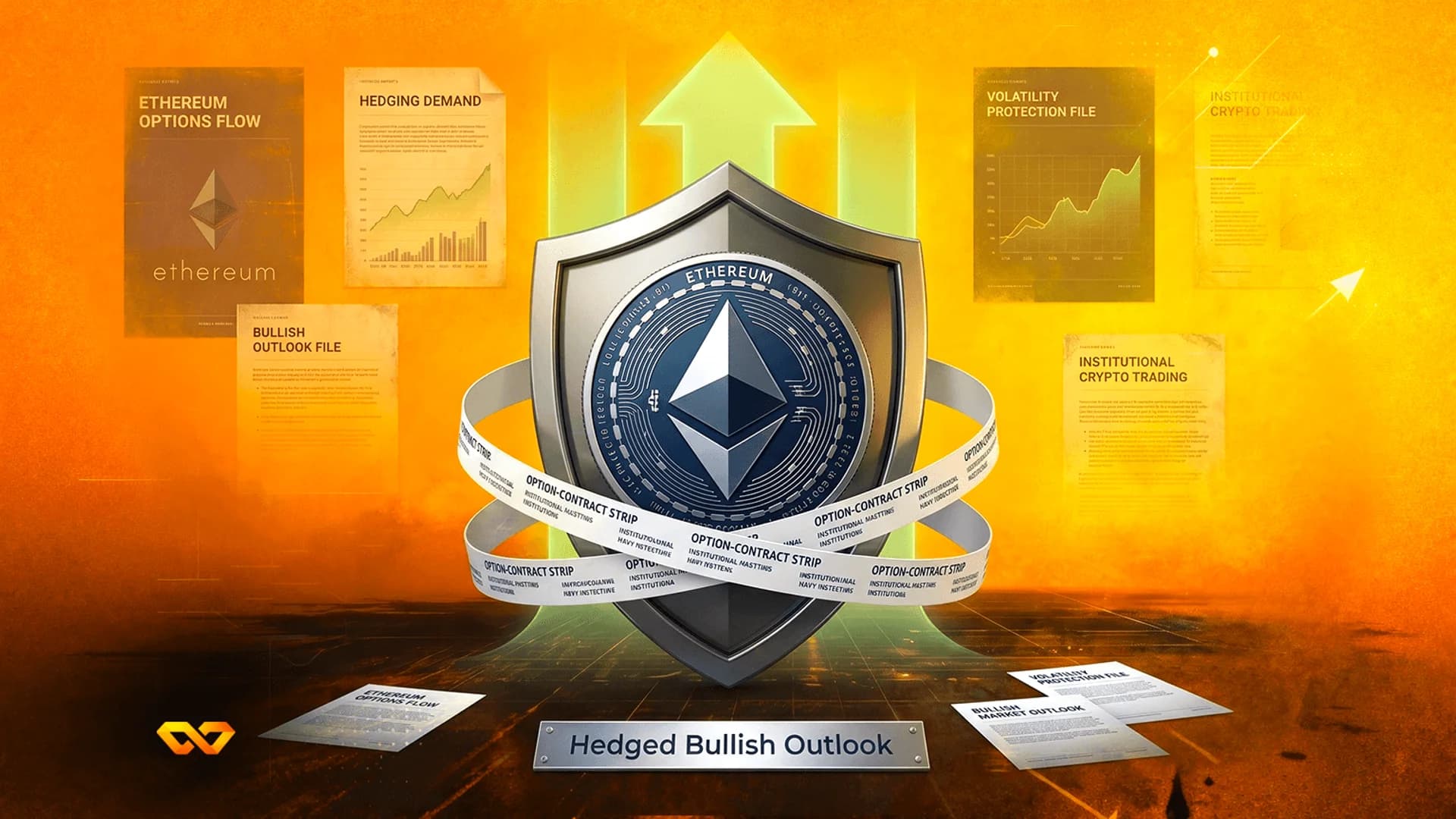 Ethereum logo on a silver shield surrounded by financial documents and an upward arrow on a yellow background.