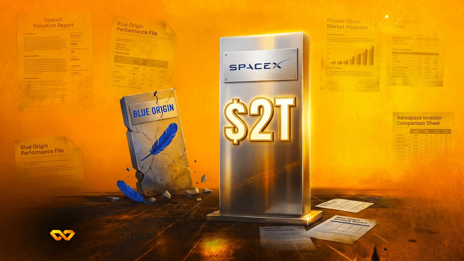 A silver pillar with the SpaceX logo and a glowing $2T sign next to a cracked Blue Origin stone slab.