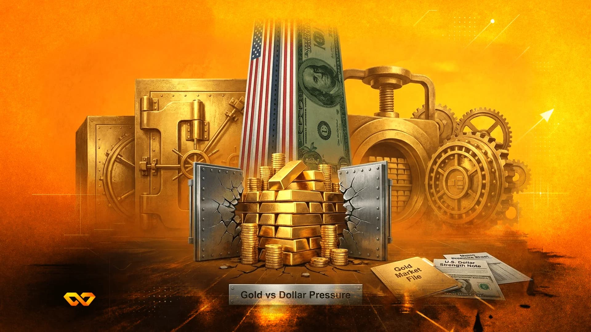 Gold bars and coins stacked before a vault, with a US flag and dollar bill tower on an orange background.