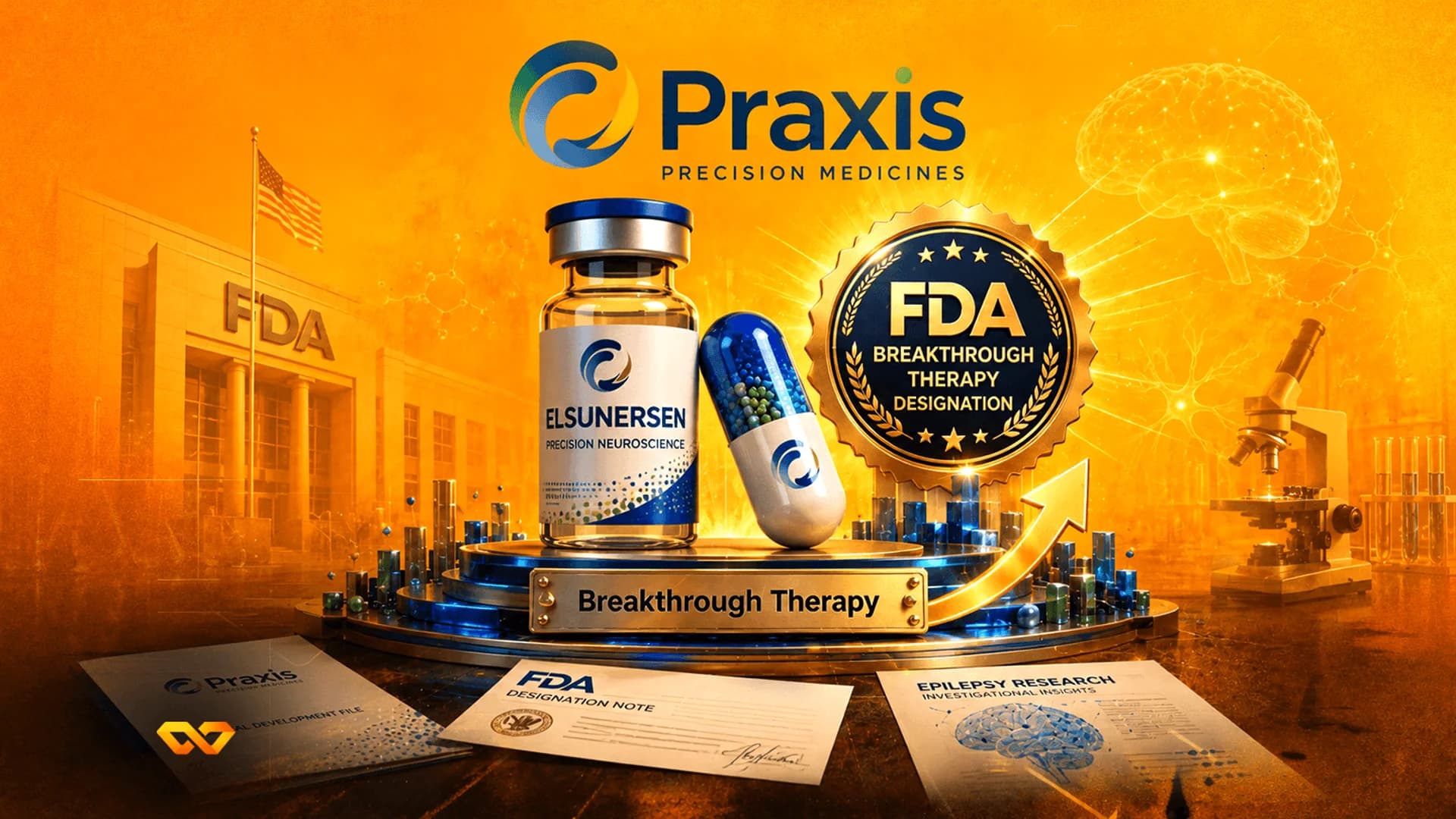 Vial of Elsunersen medicine next to an FDA Breakthrough Therapy gold seal and Praxis logo on an orange background.