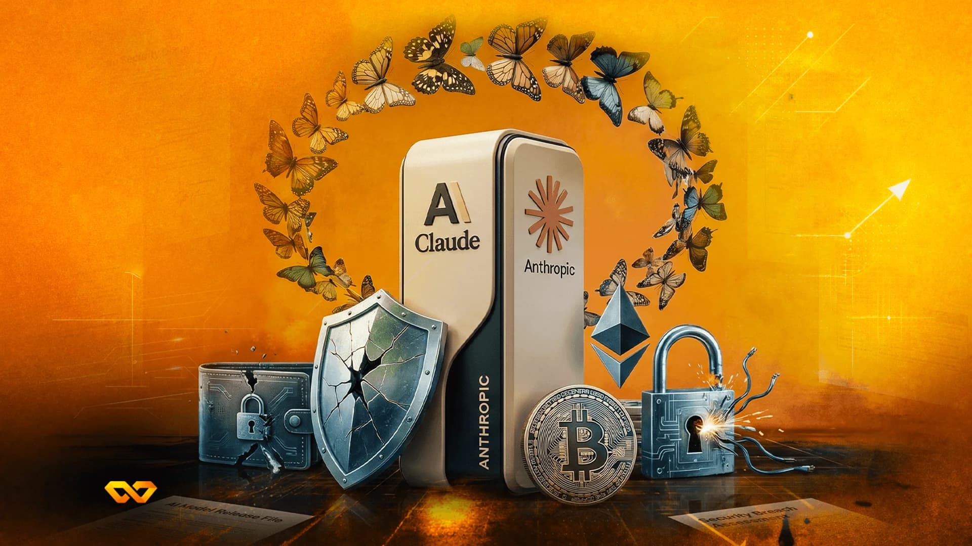 Anthropic Claude server surrounded by butterflies, a cracked shield, a Bitcoin coin, and an Ethereum logo on orange.