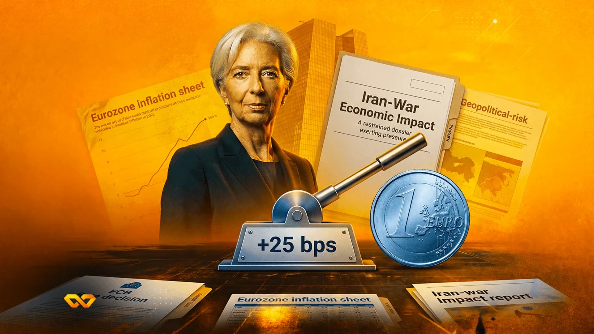Portrait of Christine Lagarde behind a lever marked +25 bps, a Euro coin, and economic reports on an orange background.