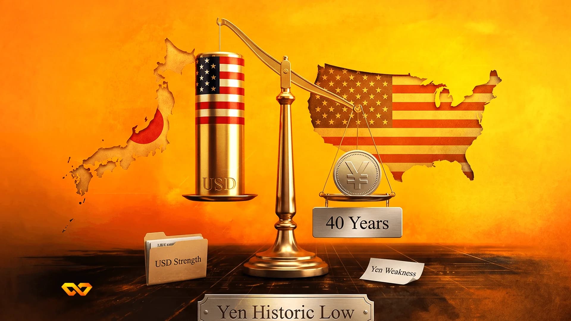 Golden scale weighing a heavy USD cylinder against a light Yen coin, with maps of Japan and the USA behind.