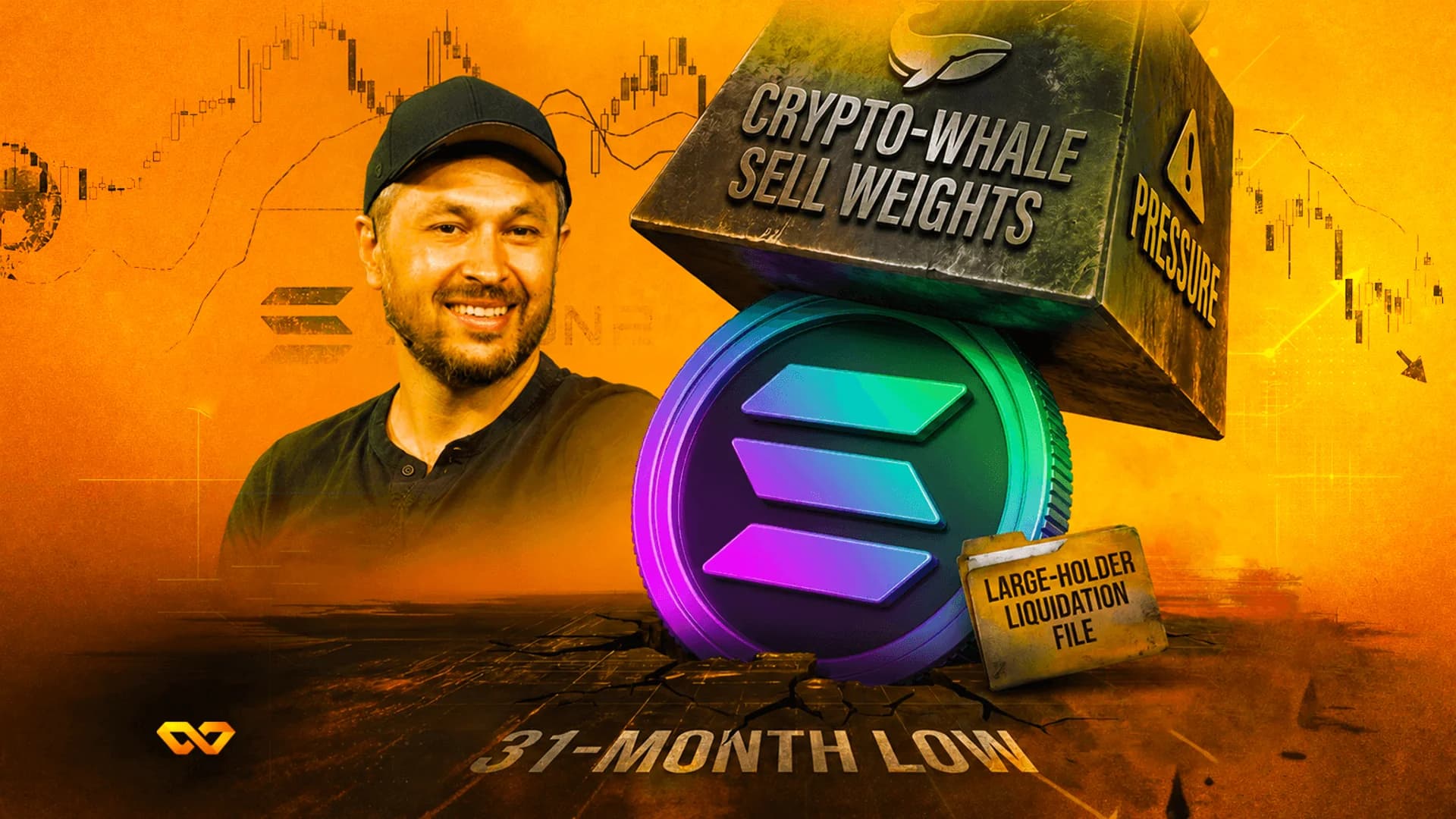 A glowing Solana logo surrounded by crypto dashboards, red 'EXTREME FEAR' arrows, green '+136M INFLOW' arrows, and Solana coins.