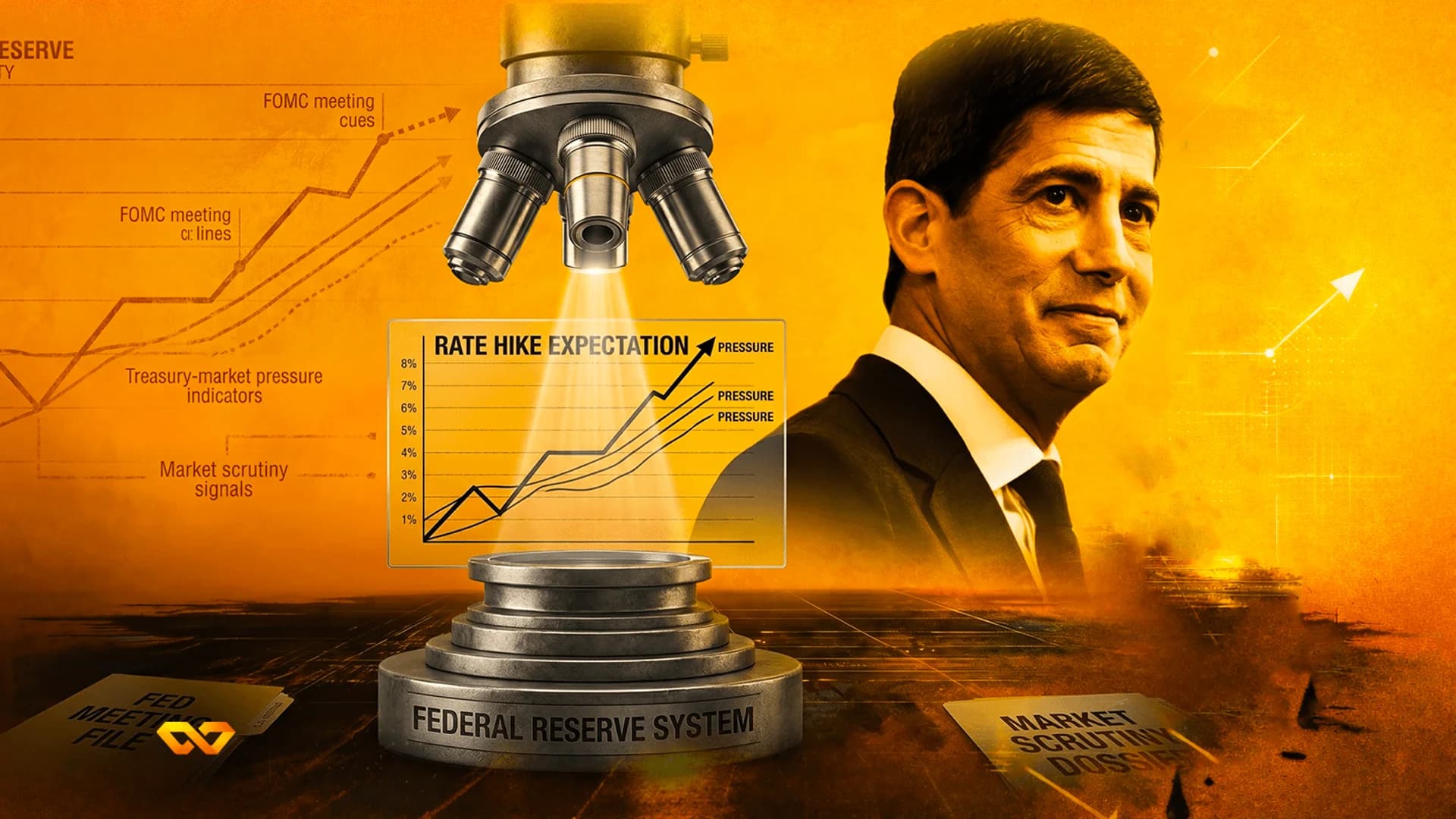 Digital illustration of a man in a suit next to a microscope examining a rate hike expectation chart.