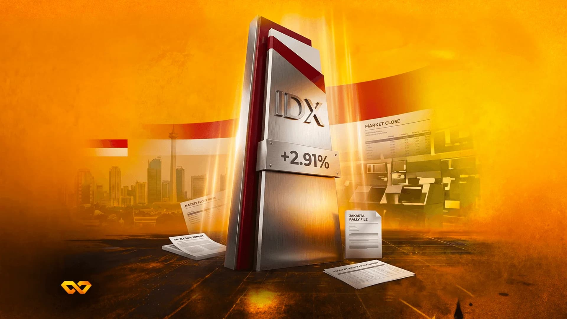 نصب معدني يحمل شعار IDX ونسبة +2.91% أمام أفق مدينة جاكرتا وعلم إندونيسيا في ضوء برتقالي.