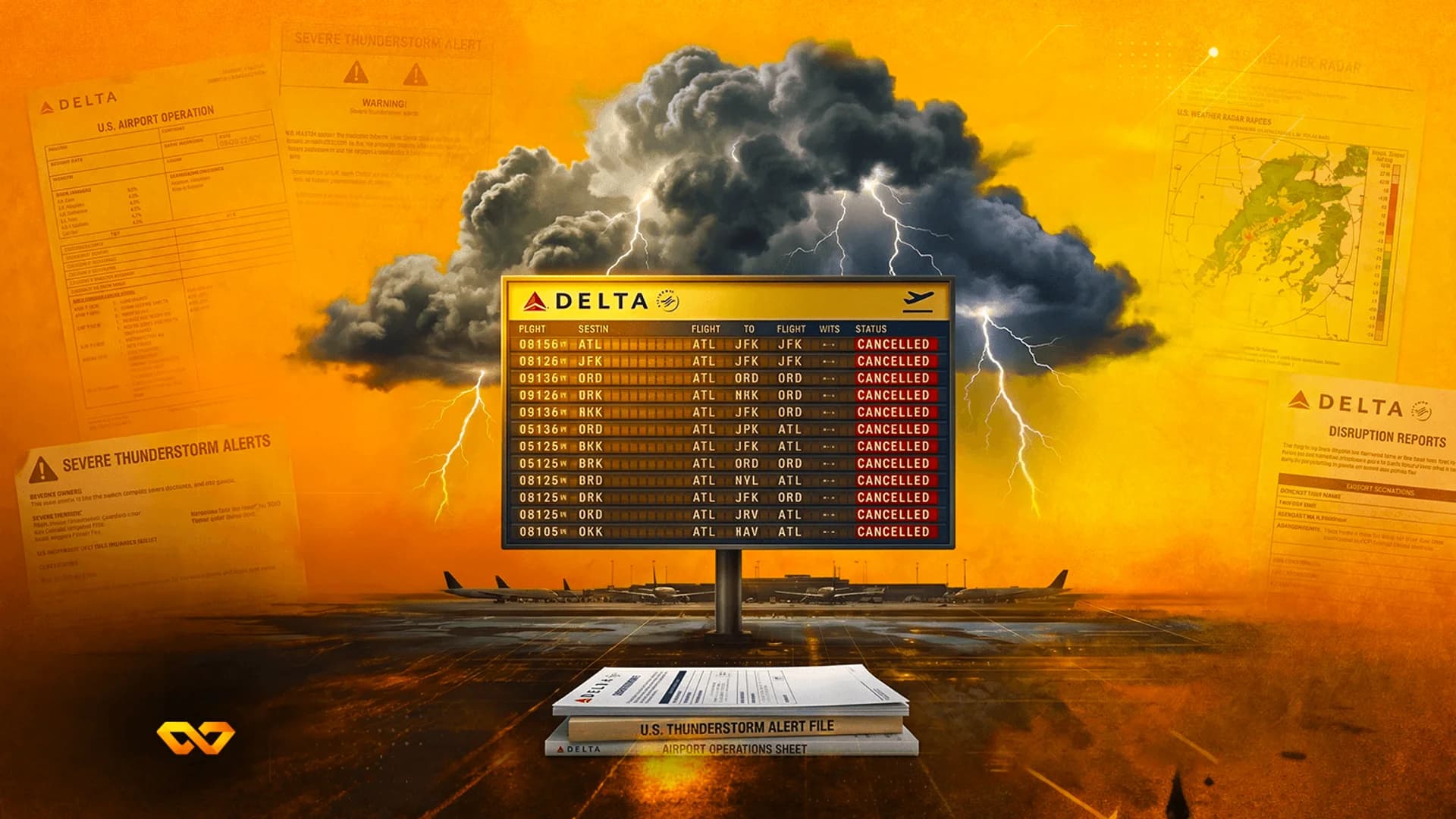 Delta flight board showing cancelled flights under a storm cloud with lightning and weather alert documents.