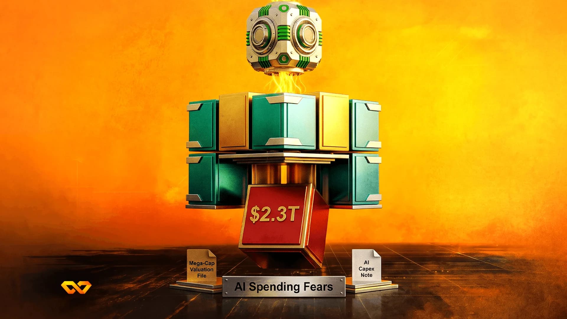 Futuristic robot structure with a red box labeled $2.3T and a plaque reading AI Spending Fears.