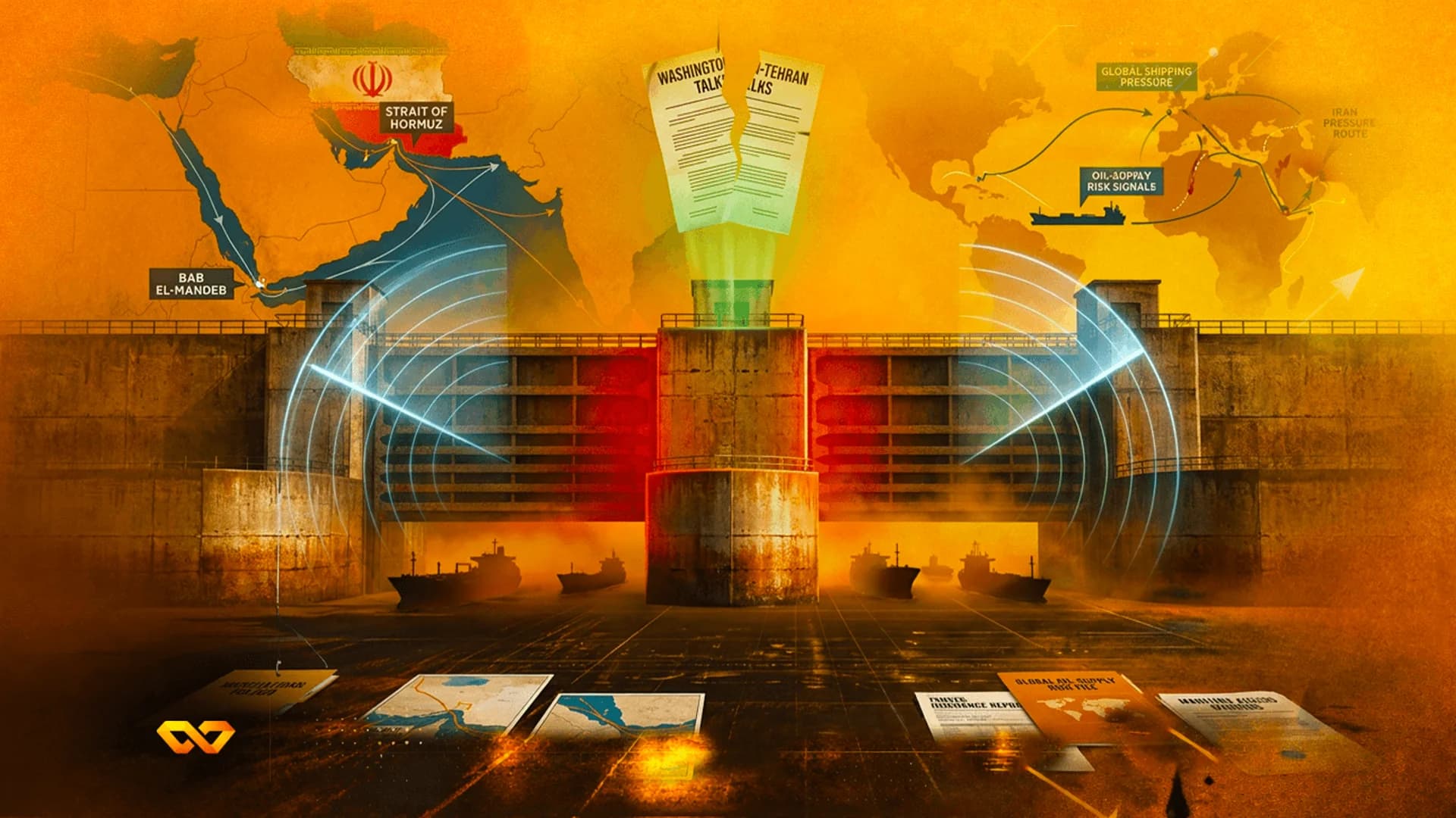 Digital illustration of a dam gate with cargo ships, radar waves, Middle East maps, and torn diplomatic papers.