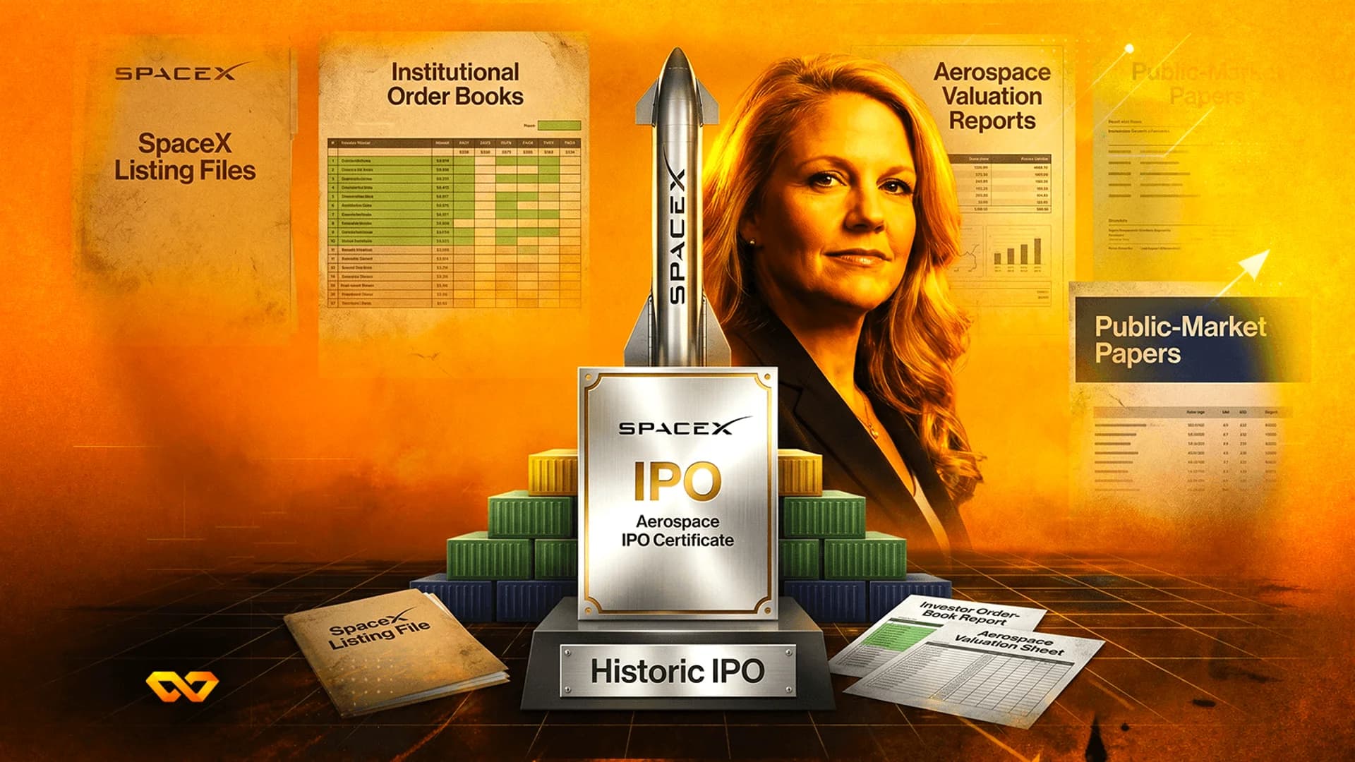 Illustration of Gwynne Shotwell next to a SpaceX rocket and an IPO certificate on an orange background.