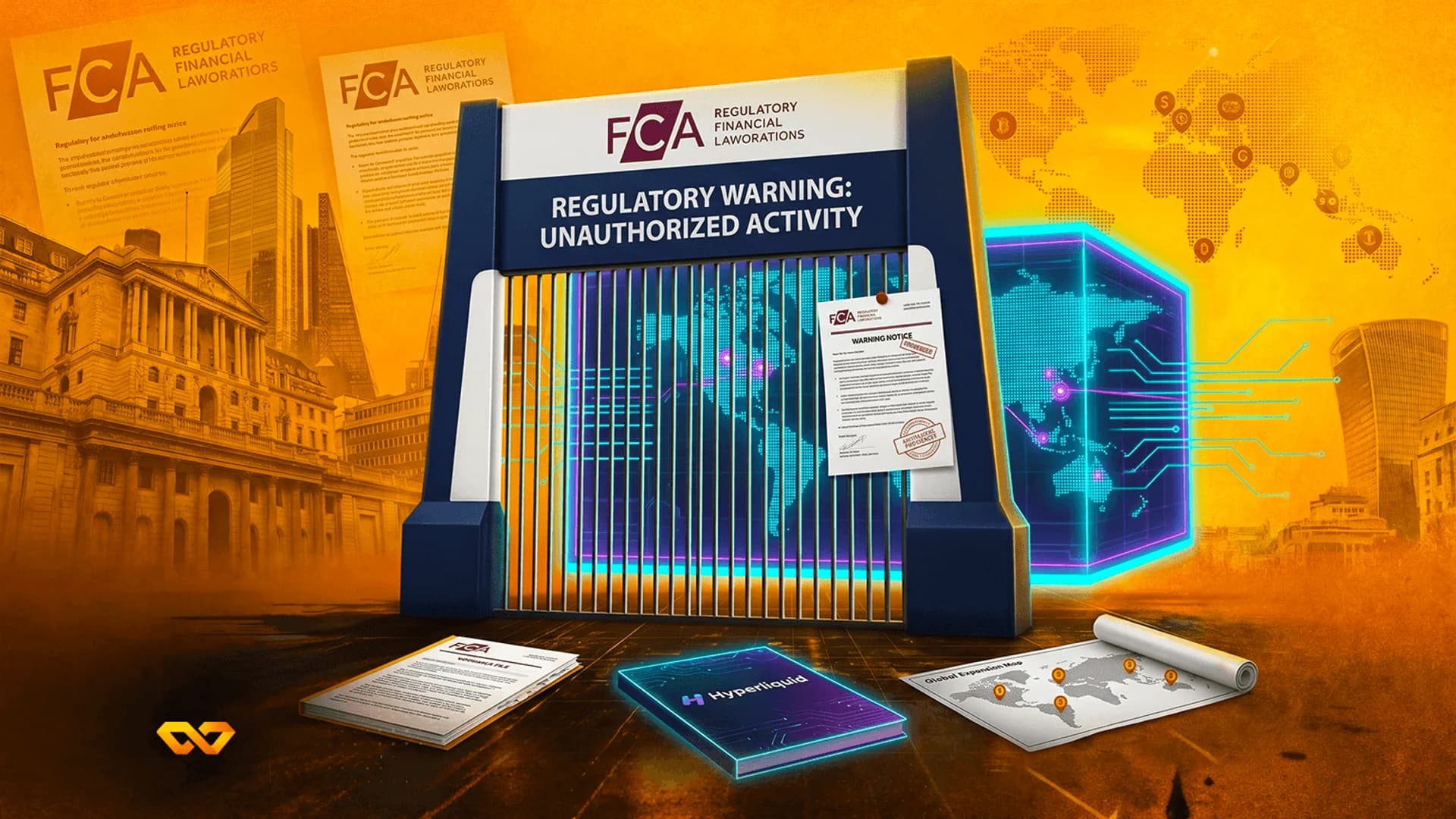 Digital illustration of an FCA regulatory warning sign over a Hyperliquid tablet and documents in an orange cityscape.