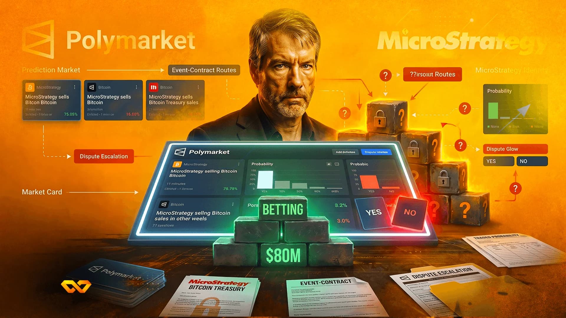 رسم توضيحي رقمي لرجل فوق واجهة Polymarket مع شعارات Bitcoin وMicroStrategy.