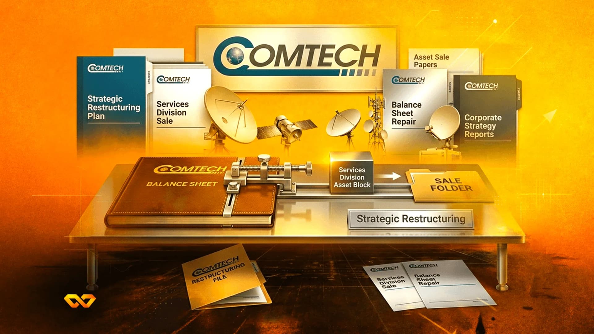 Illustration of Comtech logo with satellite dishes, folders labeled 'Strategic Restructuring', and a balance sheet book.