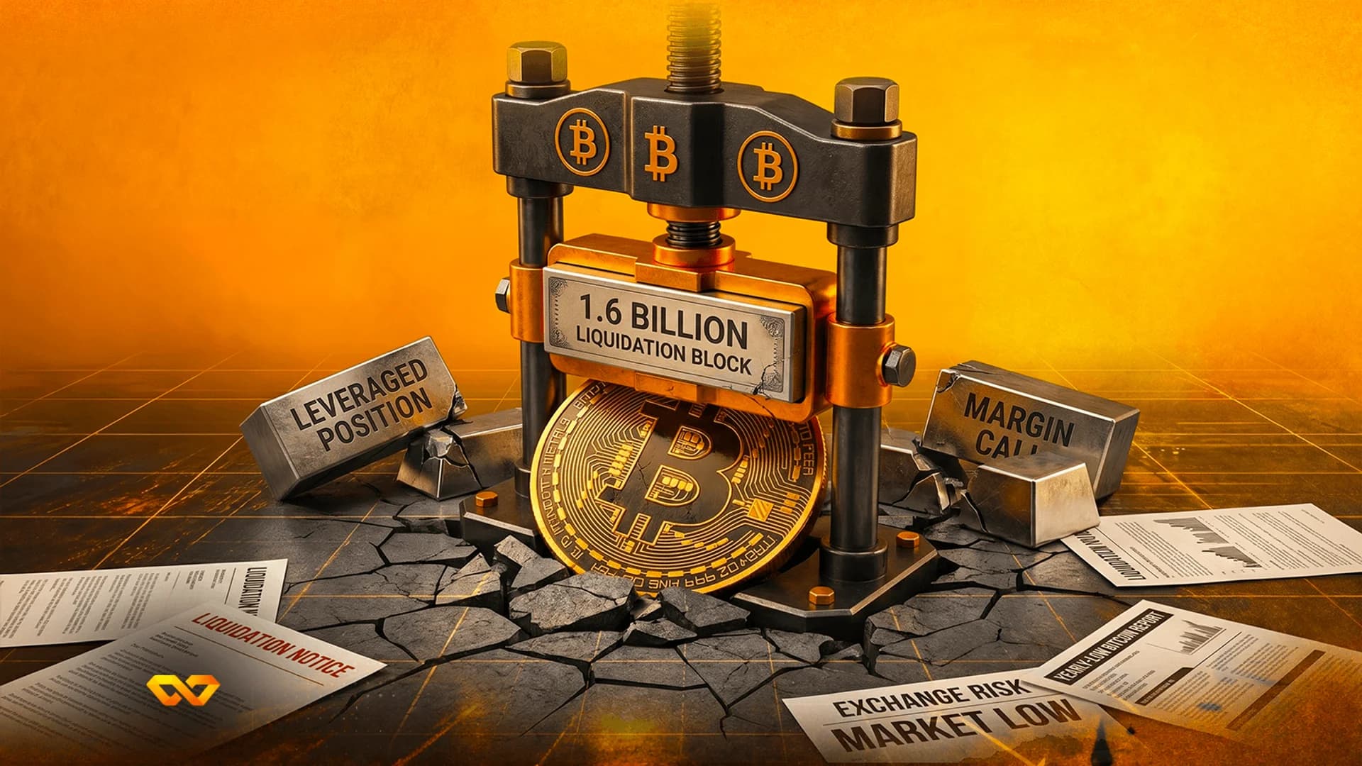 مكبس ميكانيكي يسحق عملة بيتكوين ذهبية على سطح متصدع مع ملصقات وأوراق تتعلق بالتصفية المالية.