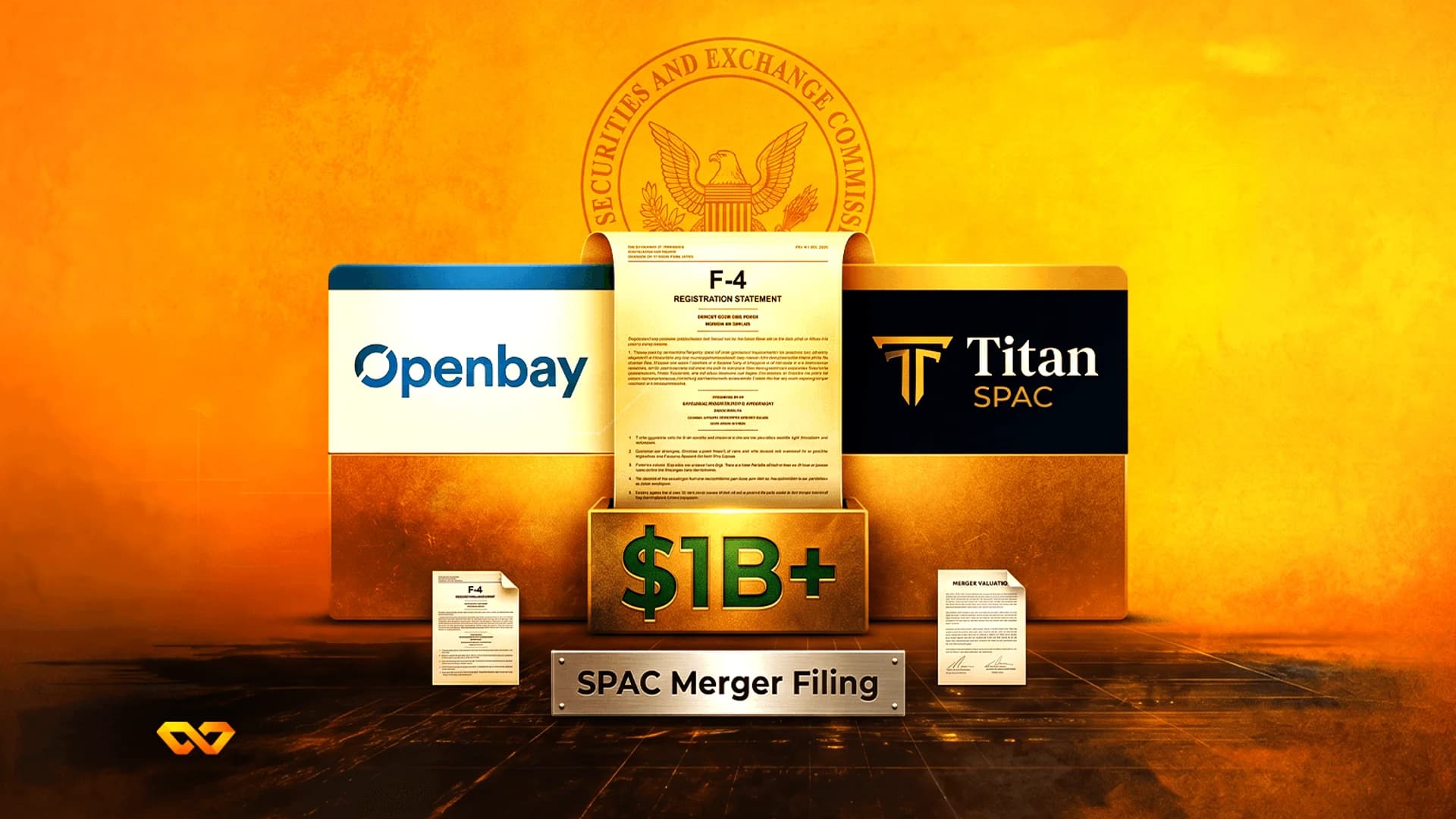 رسم بياني يظهر شعاري Openbay و Titan SPAC بجانب وثيقة تسجيل F-4 من هيئة الأوراق المالية والبورصات وعلامة +1 مليار دولار.