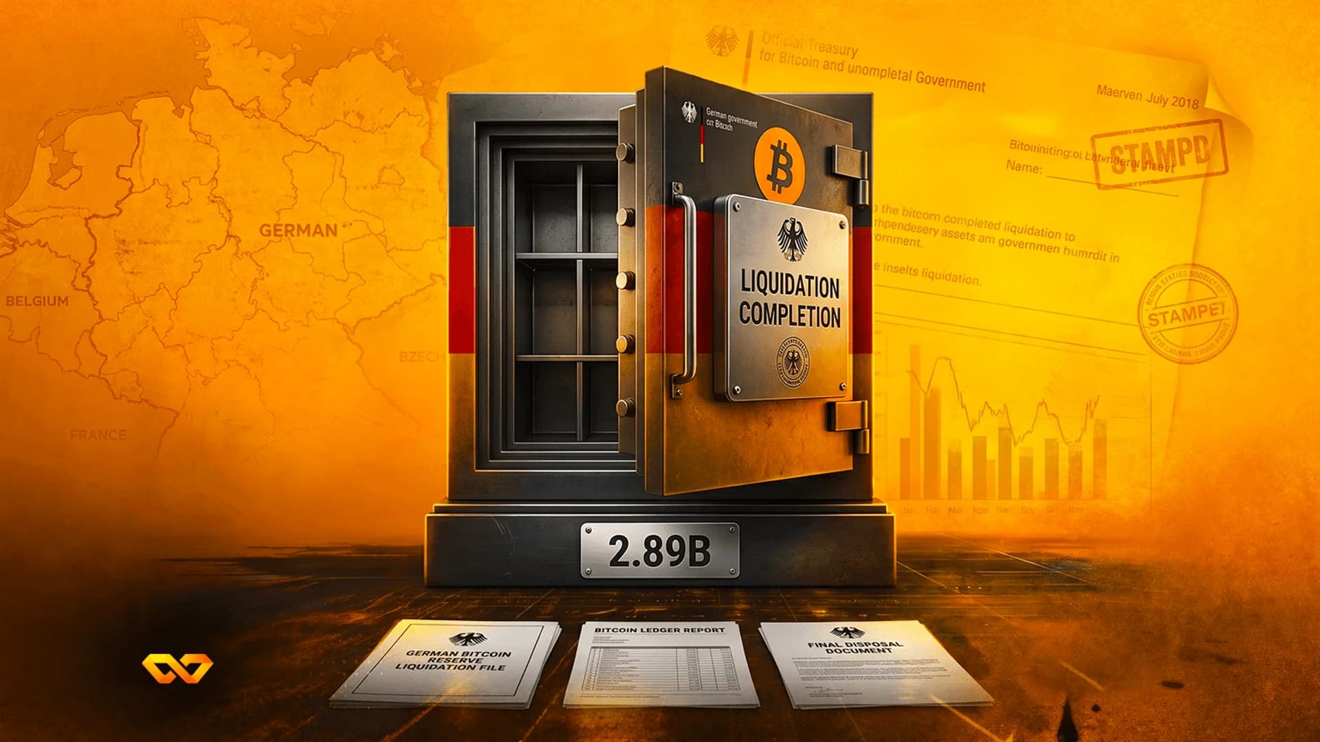 An open safe with German flag colors and a Bitcoin logo, surrounded by liquidation documents on an orange background.